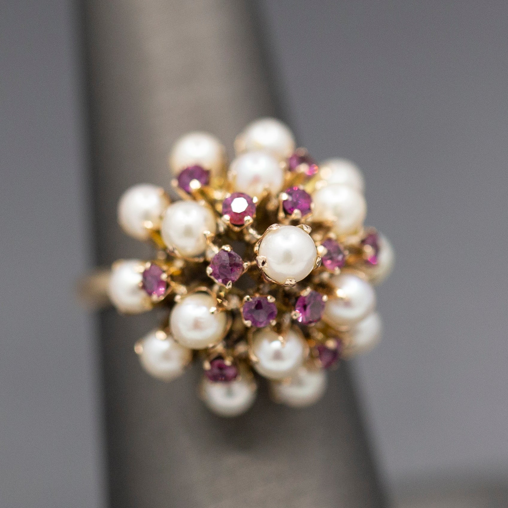 Gorgeous Vintage Ruby and Pearl Tiered Princess Harem Ring in 18k Yellow Gold