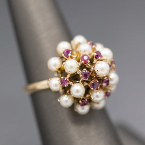 Gorgeous Vintage Ruby and Pearl Tiered Princess Harem Ring in 18k Yellow Gold