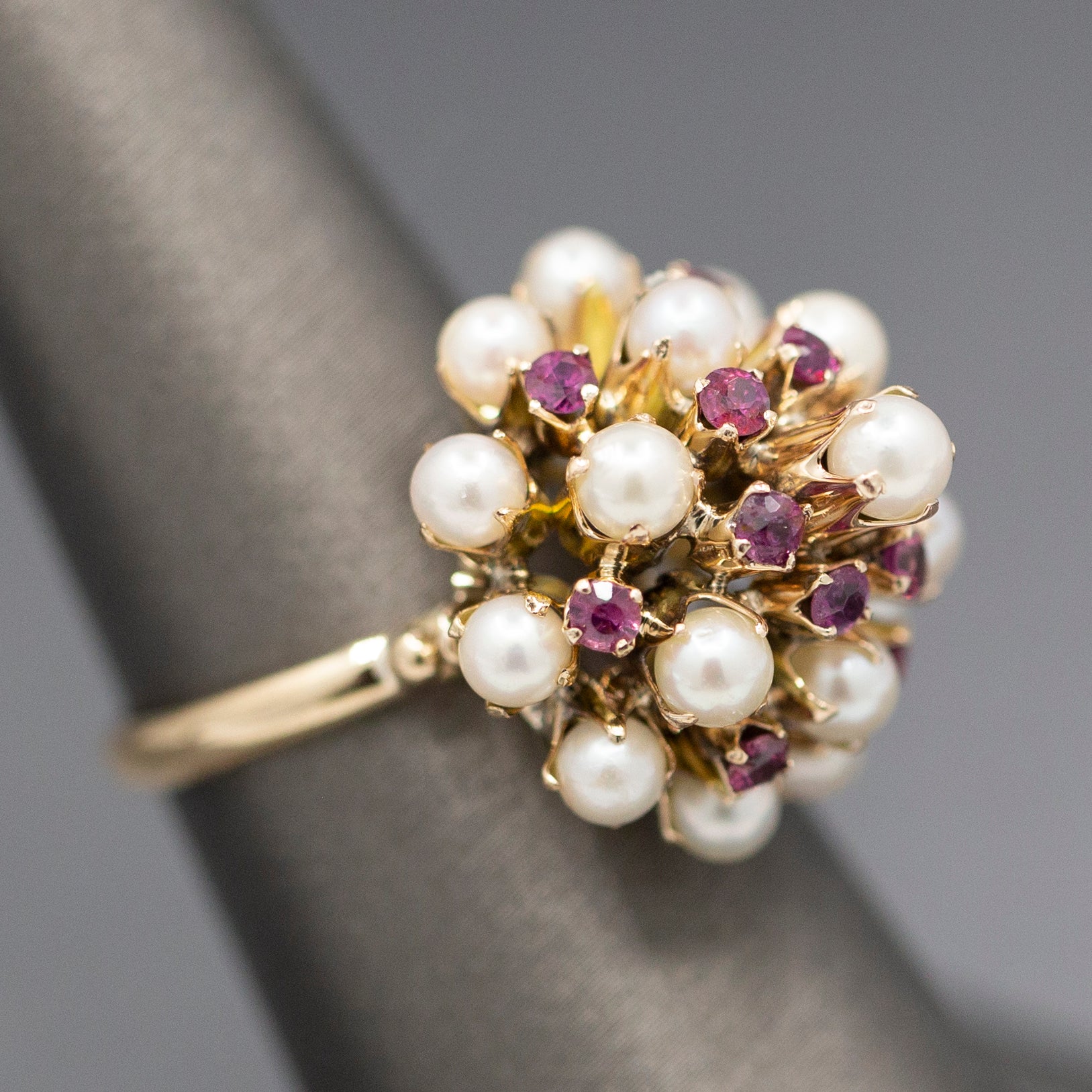 Gorgeous Vintage Ruby and Pearl Tiered Princess Harem Ring in 18k Yellow Gold