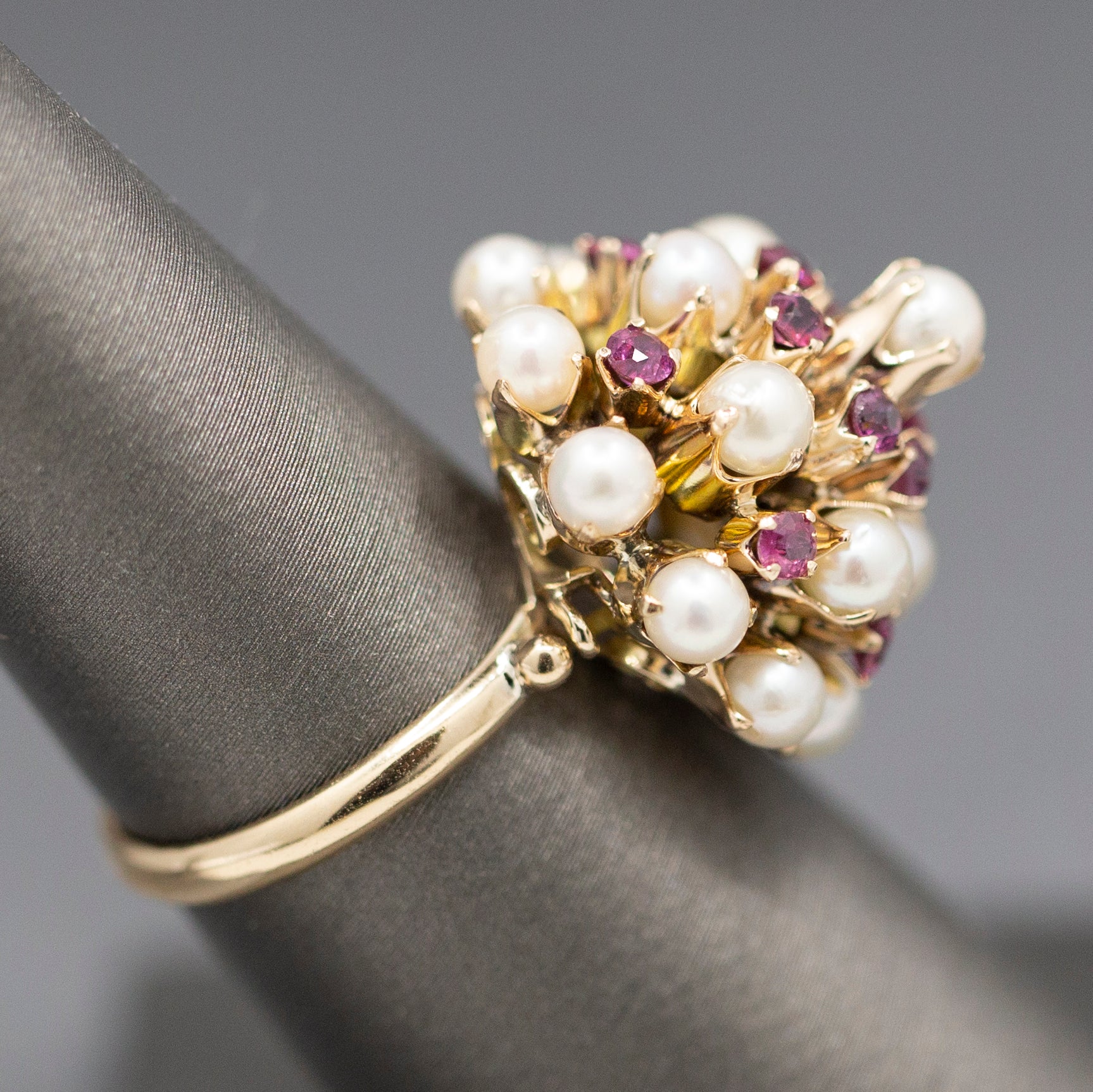 Gorgeous Vintage Ruby and Pearl Tiered Princess Harem Ring in 18k Yellow Gold