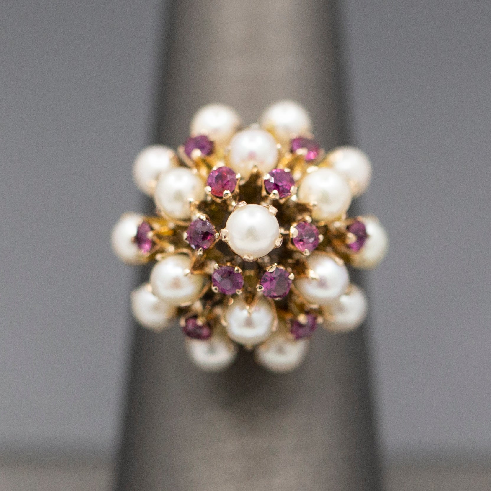 Gorgeous Vintage Ruby and Pearl Tiered Princess Harem Ring in 18k Yellow Gold