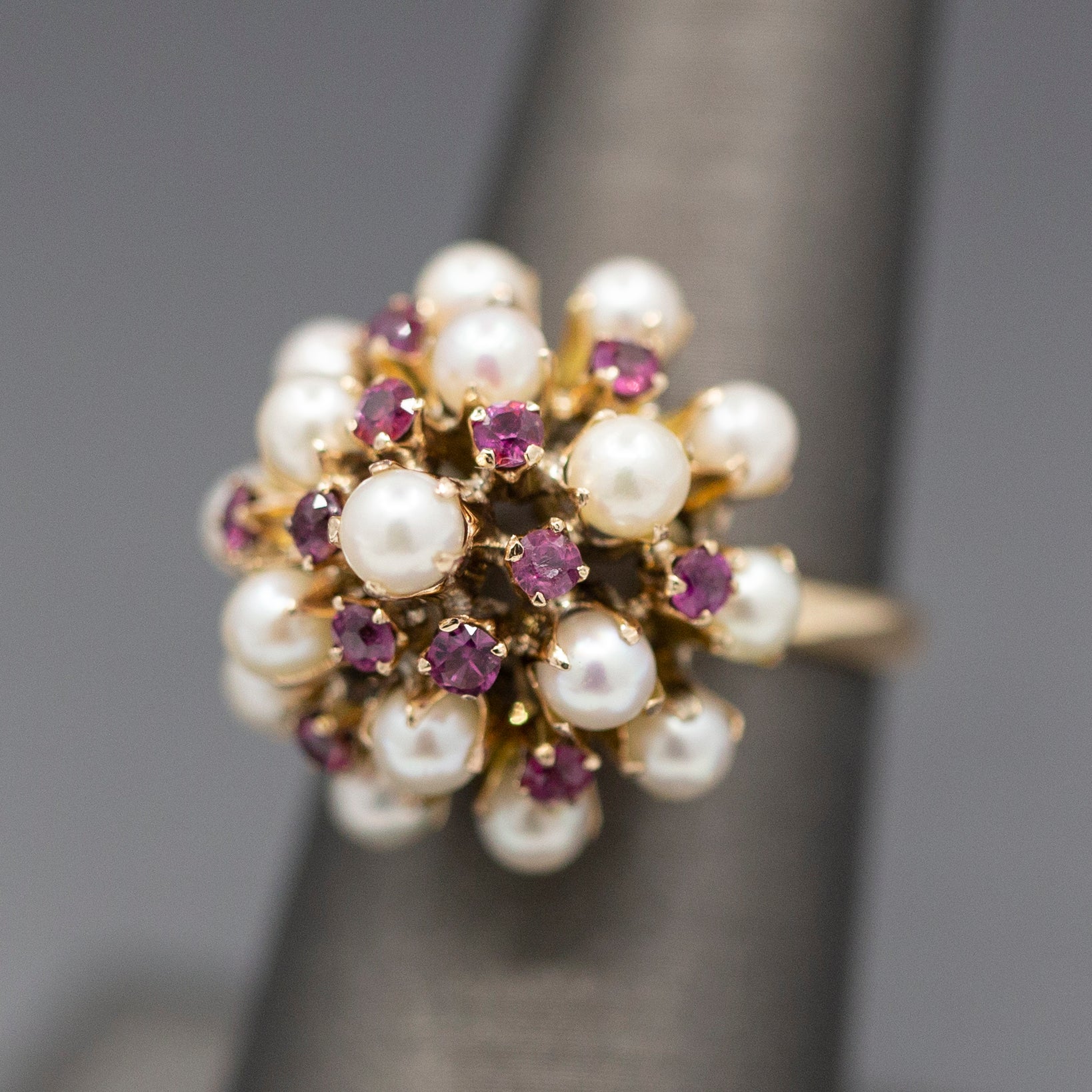 Gorgeous Vintage Ruby and Pearl Tiered Princess Harem Ring in 18k Yellow Gold