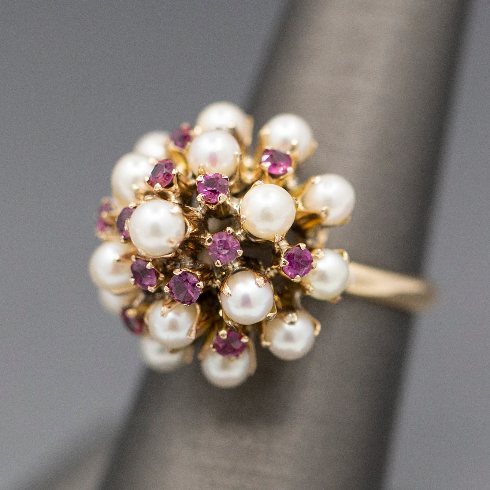 Gorgeous Vintage Ruby and Pearl Tiered Princess Harem Ring in 18k Yellow Gold