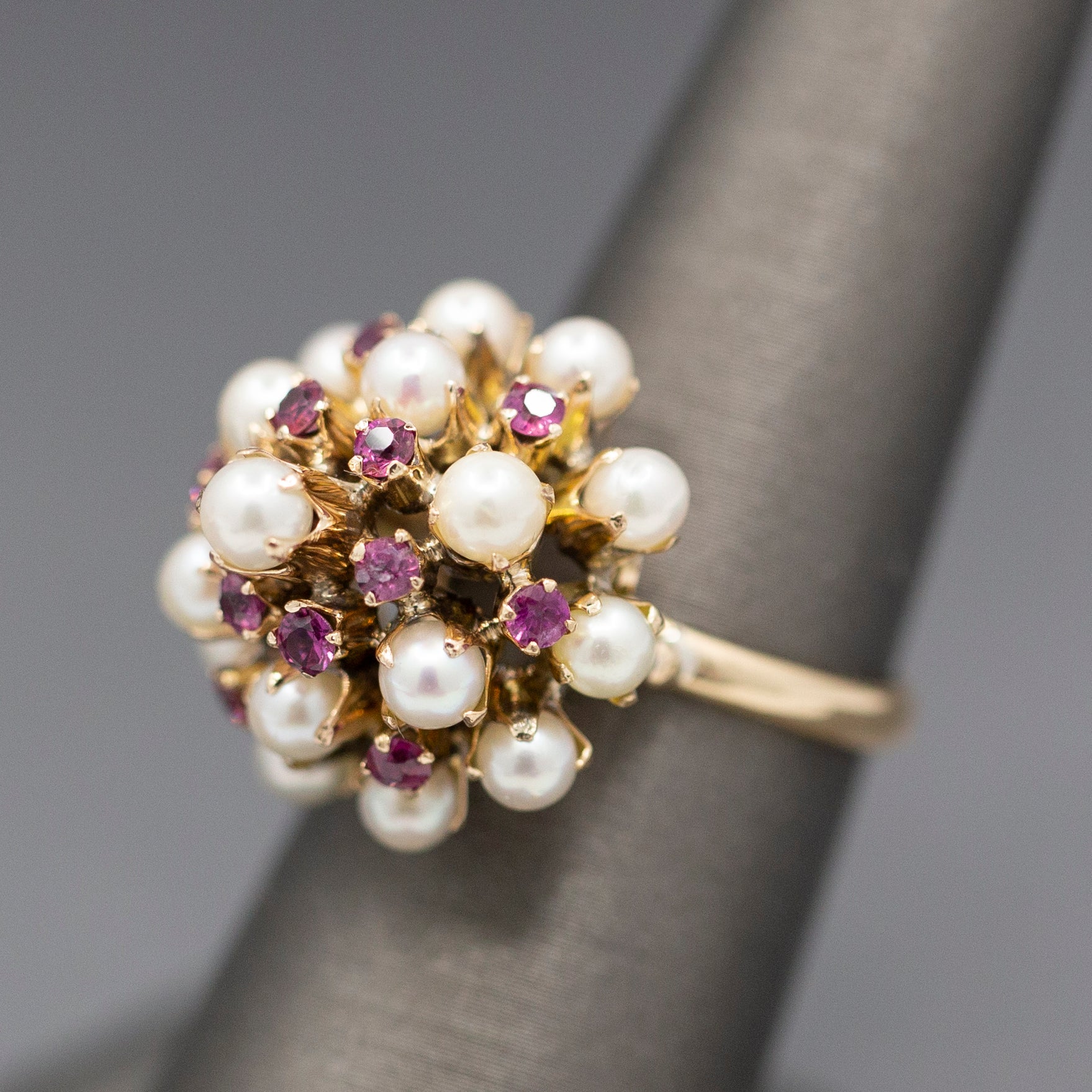 Gorgeous Vintage Ruby and Pearl Tiered Princess Harem Ring in 18k Yellow Gold