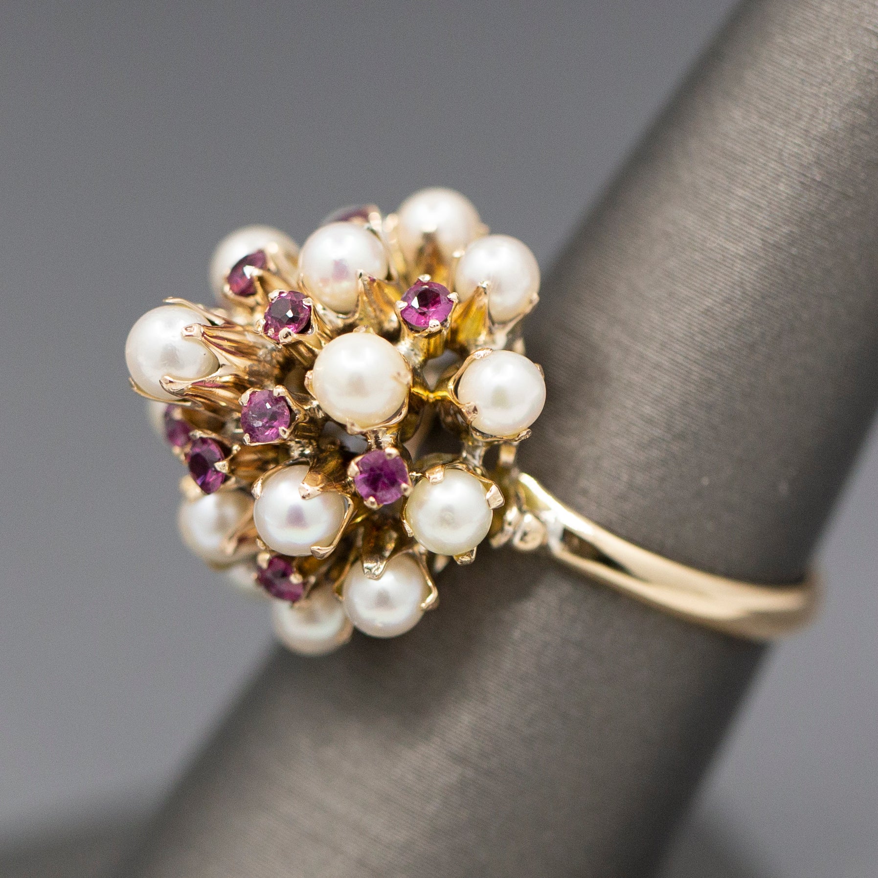 Gorgeous Vintage Ruby and Pearl Tiered Princess Harem Ring in 18k Yellow Gold