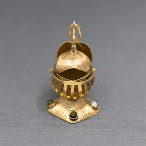 Knight's Articulated Helmet with Peridot and Quartz Pendant Charm in 14k Yellow Gold
