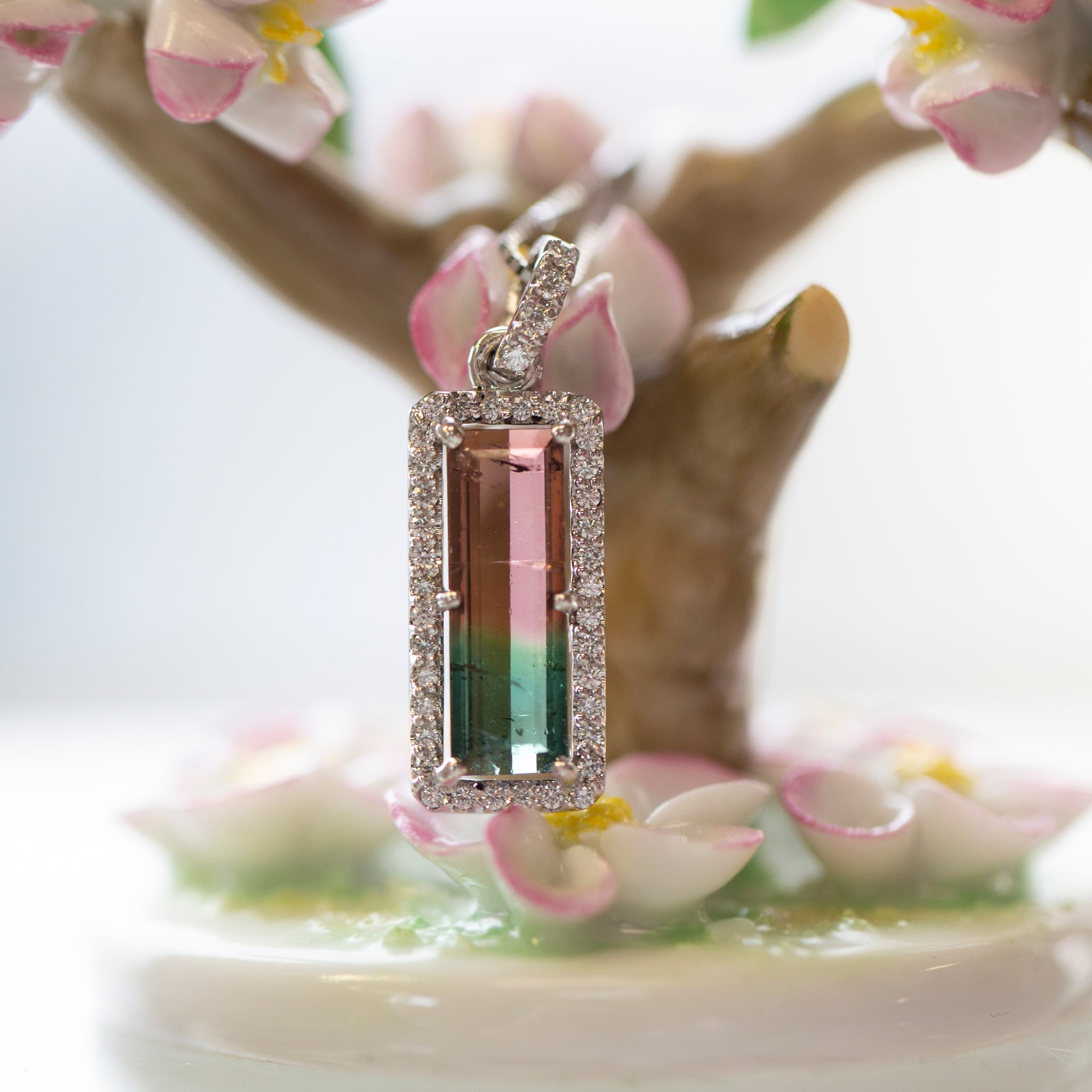Handcrafted Natural Watermelon Tourmaline and Diamond Pendant Necklace 14k White Gold