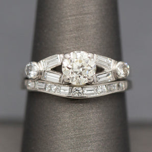 Mid-Century Old European Cut Diamond Engagement and Wedding Band Ring Set in Platinum