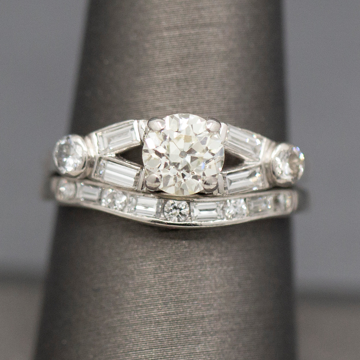 Mid-Century Old European Cut Diamond Engagement and Wedding Band Ring Set in Platinum
