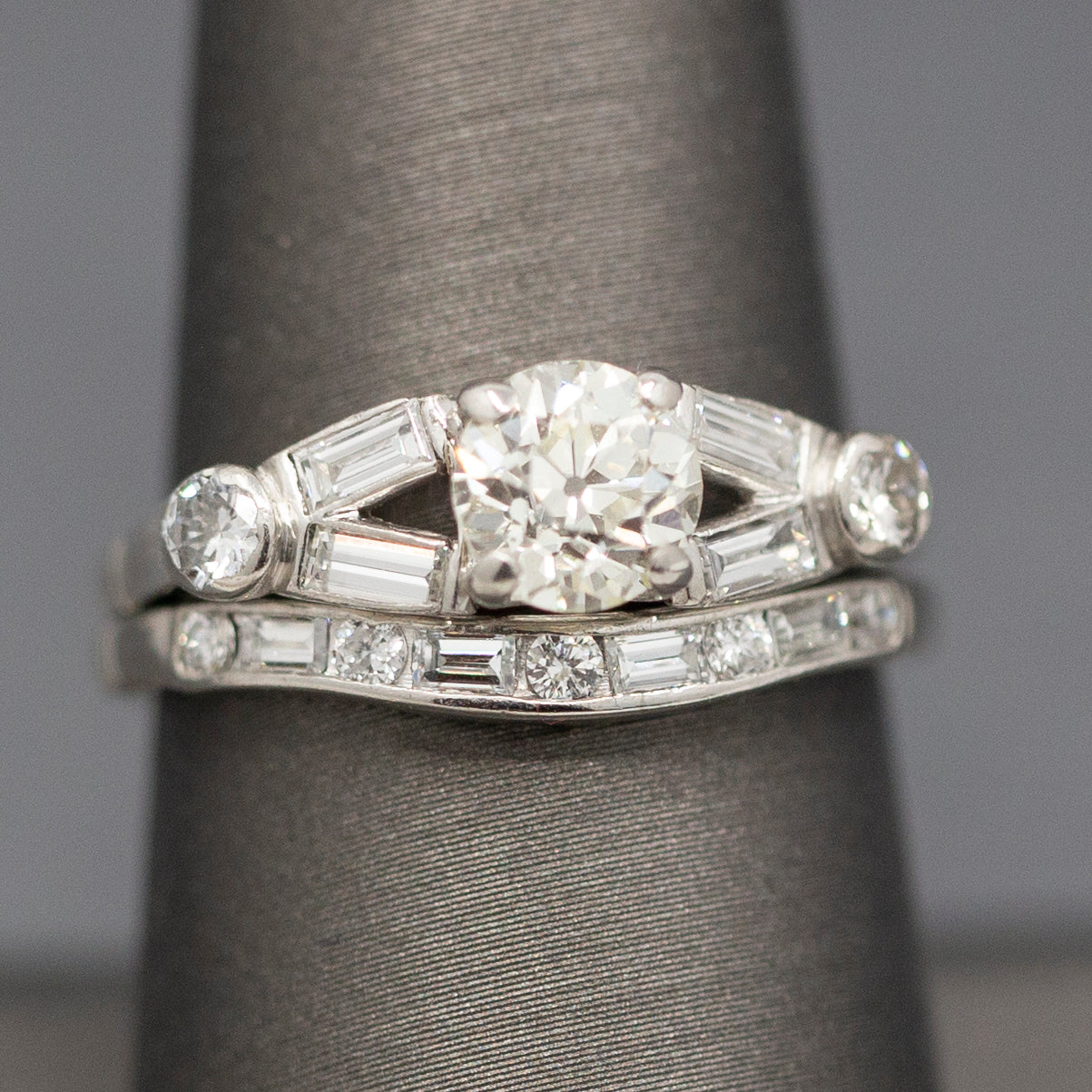 Mid-Century Old European Cut Diamond Engagement and Wedding Band Ring Set in Platinum