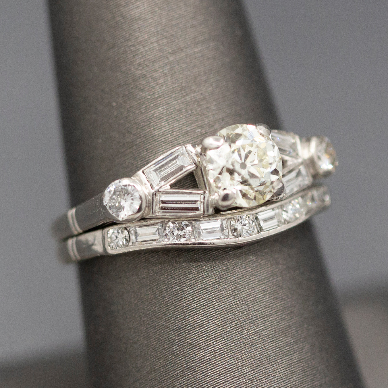 Mid-Century Old European Cut Diamond Engagement and Wedding Band Ring Set in Platinum