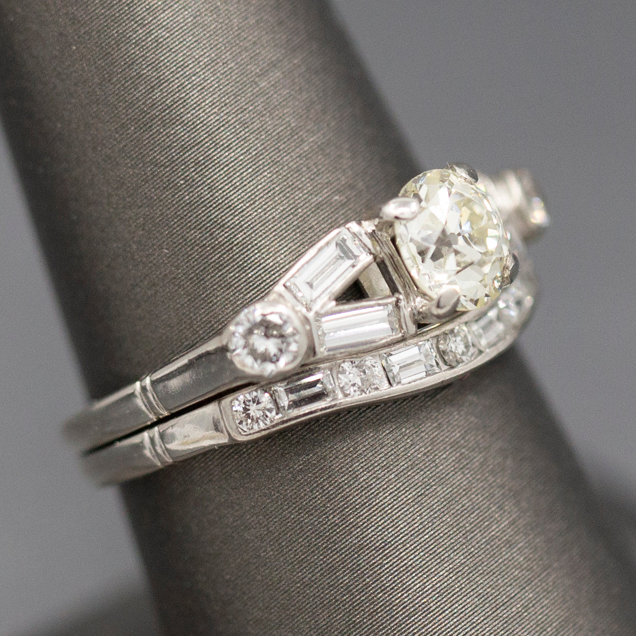 Mid-Century Old European Cut Diamond Engagement and Wedding Band Ring Set in Platinum
