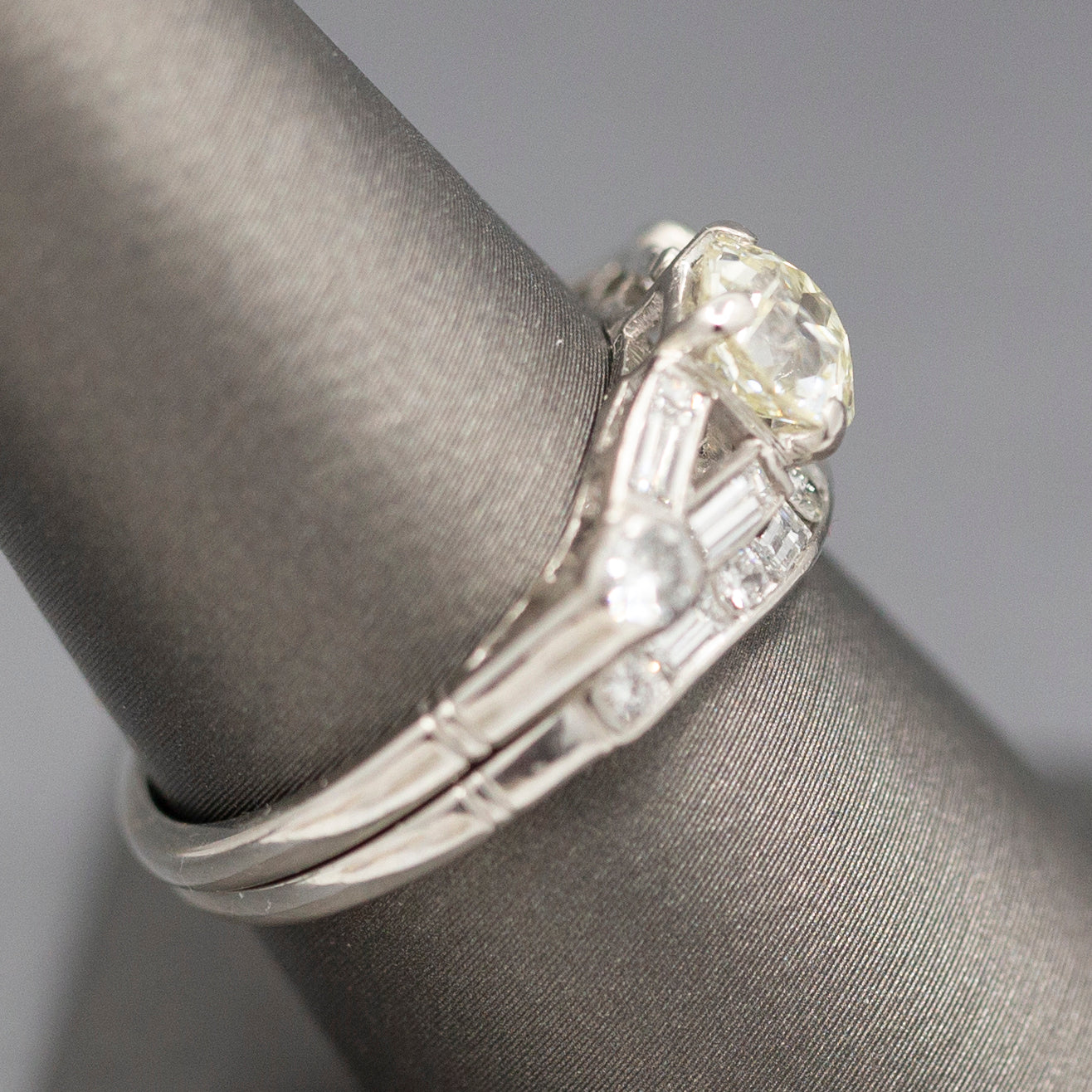 Mid-Century Old European Cut Diamond Engagement and Wedding Band Ring Set in Platinum
