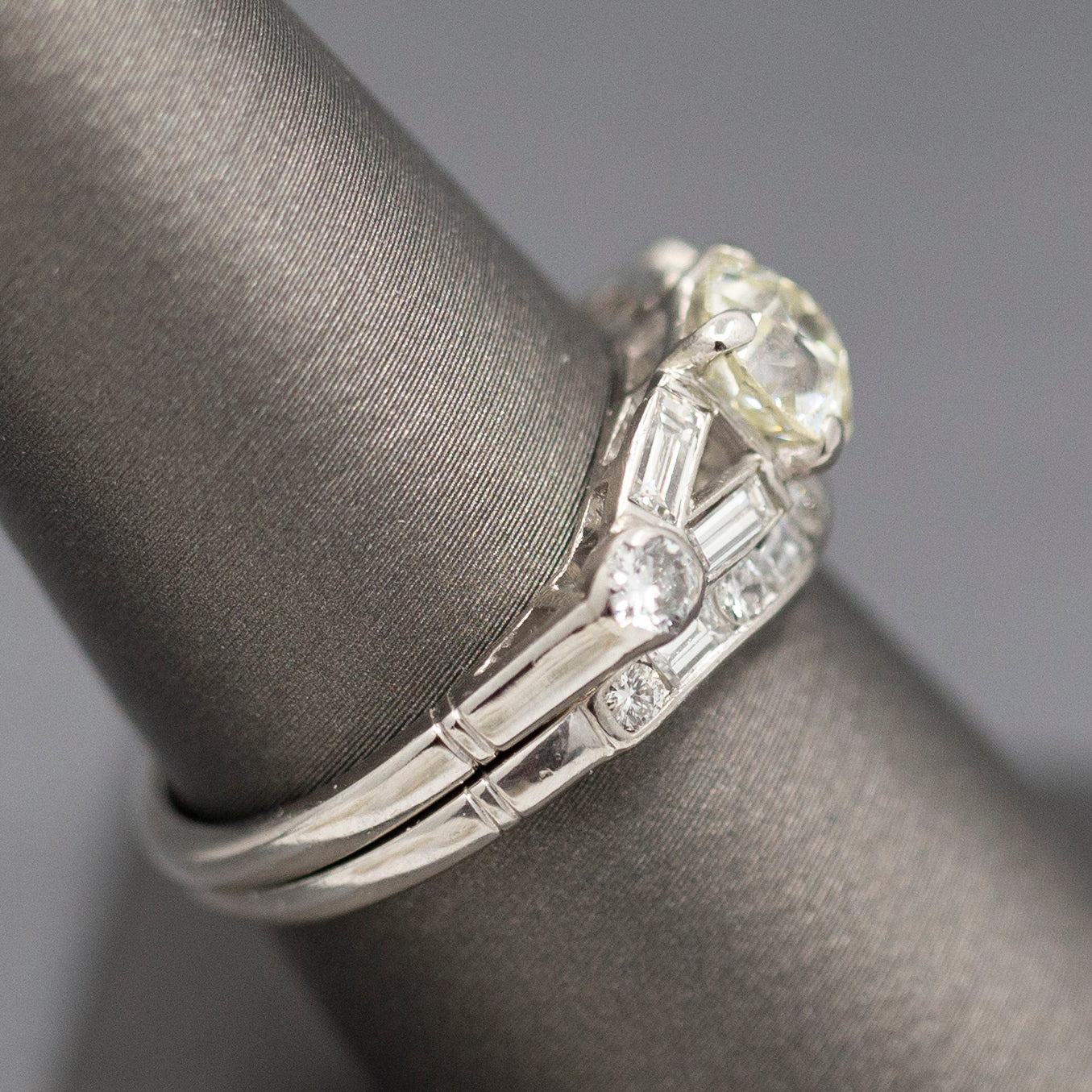 Mid-Century Old European Cut Diamond Engagement and Wedding Band Ring Set in Platinum