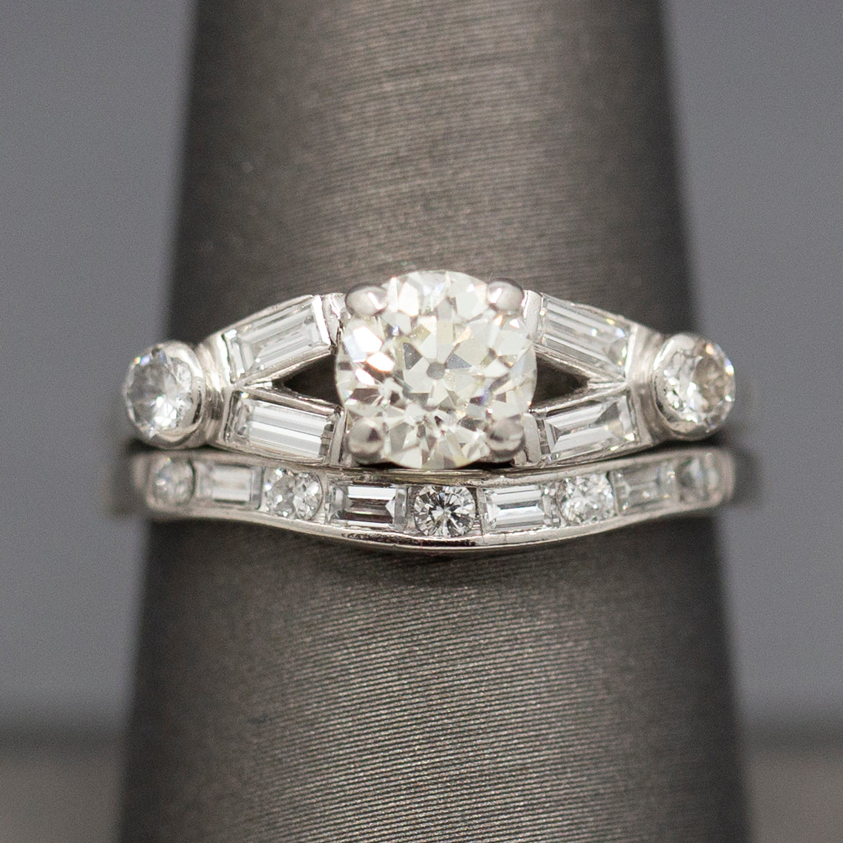 Mid-Century Old European Cut Diamond Engagement and Wedding Band Ring Set in Platinum