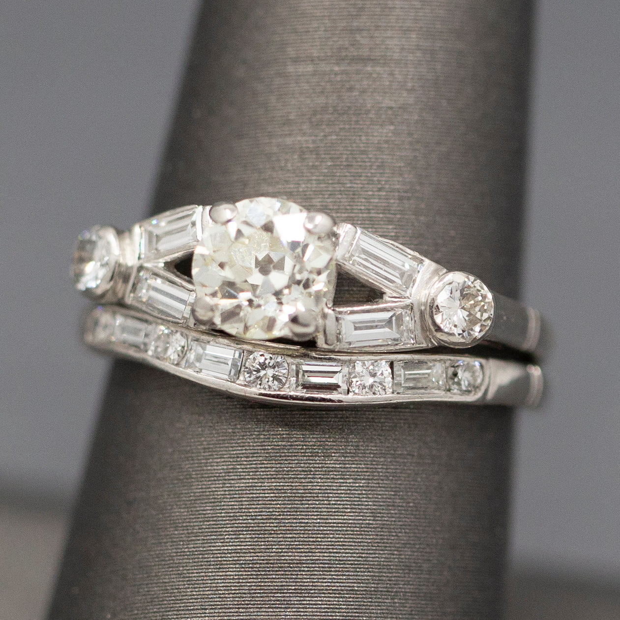 Mid-Century Old European Cut Diamond Engagement and Wedding Band Ring Set in Platinum