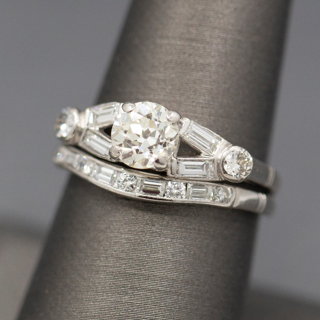 Mid-Century Old European Cut Diamond Engagement and Wedding Band Ring Set in Platinum