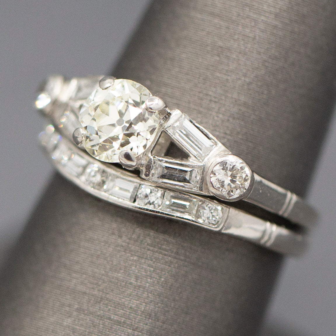 Mid-Century Old European Cut Diamond Engagement and Wedding Band Ring Set in Platinum