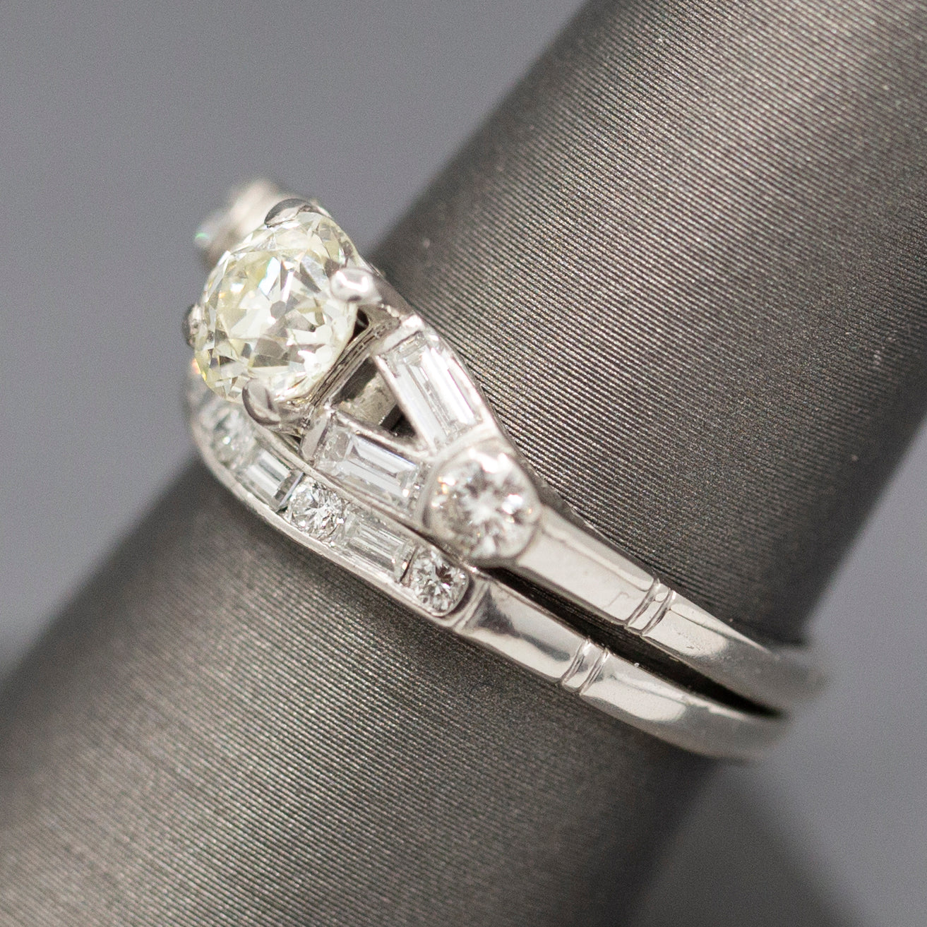 Mid-Century Old European Cut Diamond Engagement and Wedding Band Ring Set in Platinum