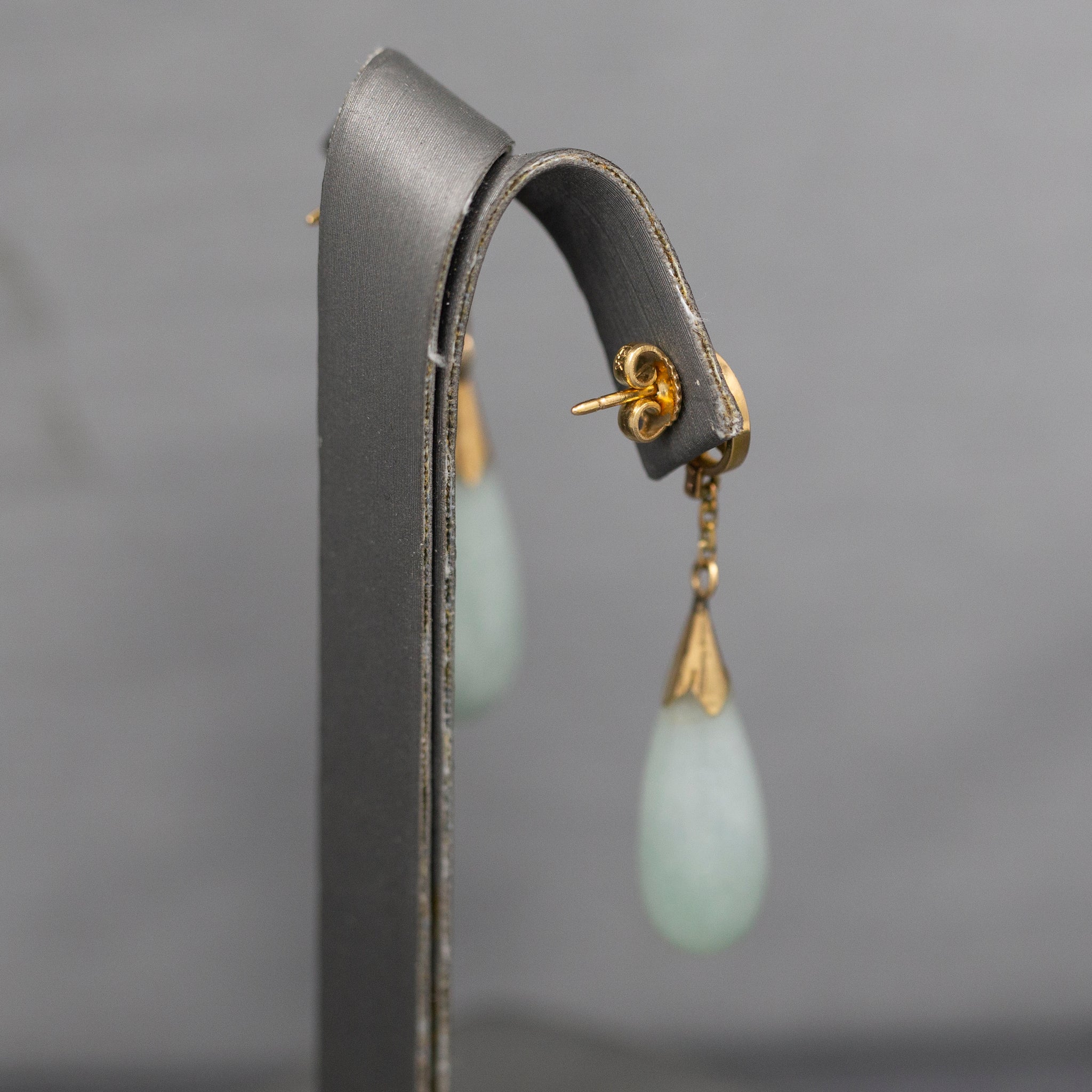 Dangling Green Jade Jadeite Earrings with Chinese Character in 14k Yellow Gold