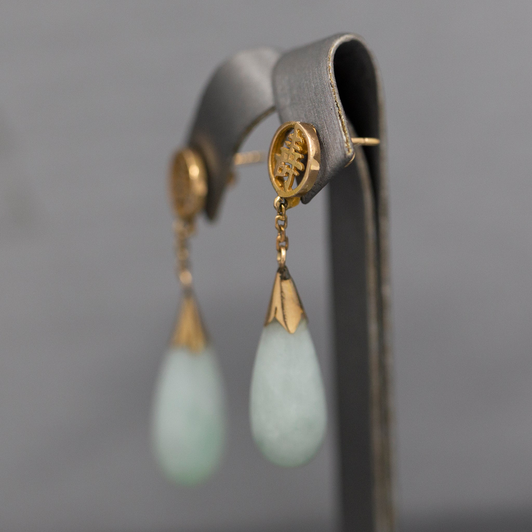 Dangling Green Jade Jadeite Earrings with Chinese Character in 14k Yellow Gold