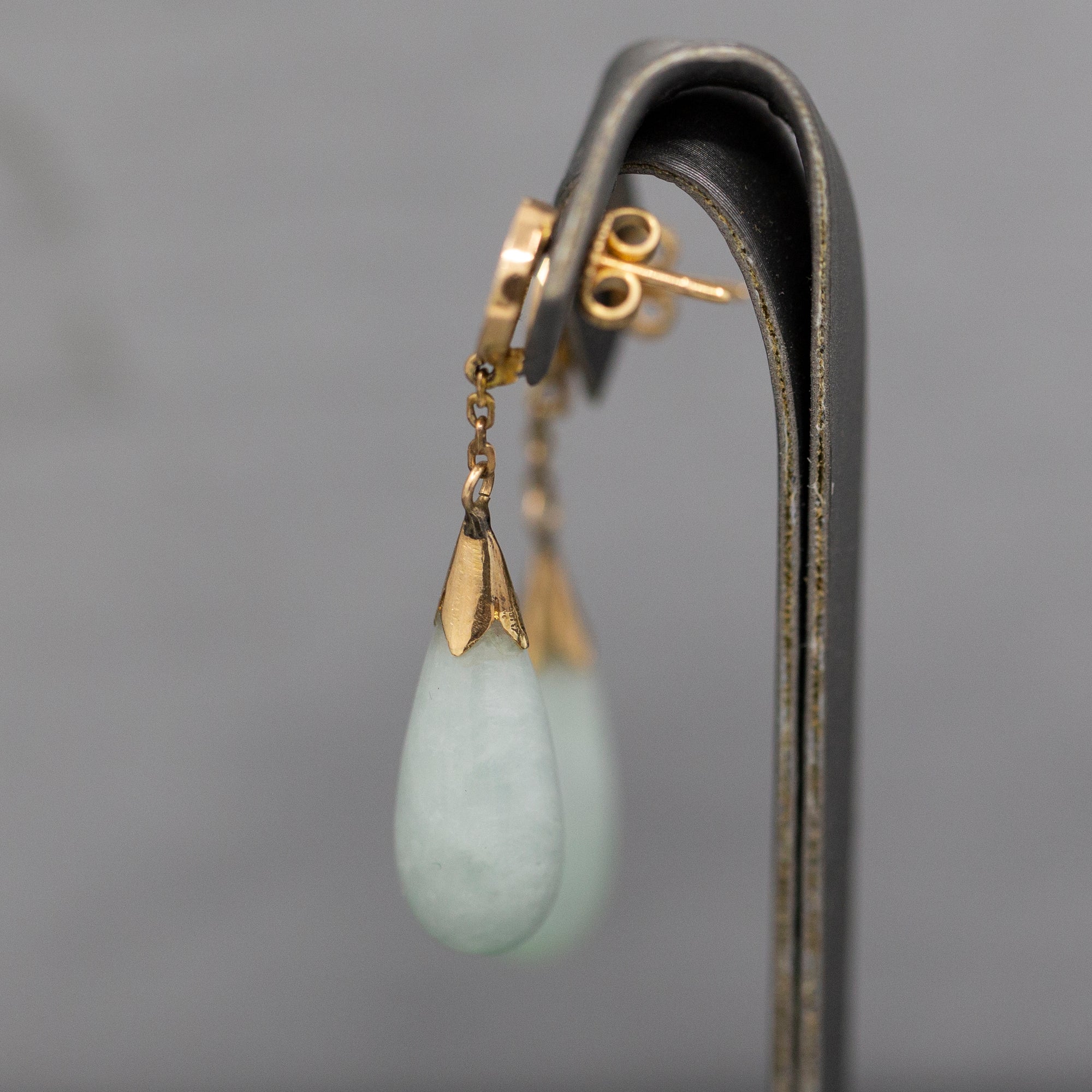 Dangling Green Jade Jadeite Earrings with Chinese Character in 14k Yellow Gold