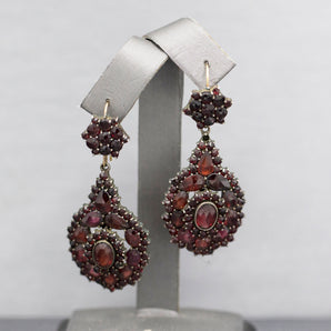 Exquisite Antique Bohemian Rose Cut Garnet Drop Dangle Earrings with Silver and 14k Yellow Gold