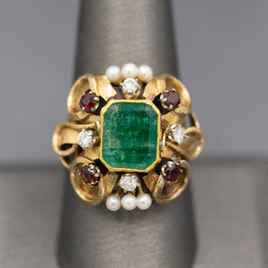 Renaissance Revival Emerald Garnet Diamond and Pearl Statement RIng in 14k Yellow Gold