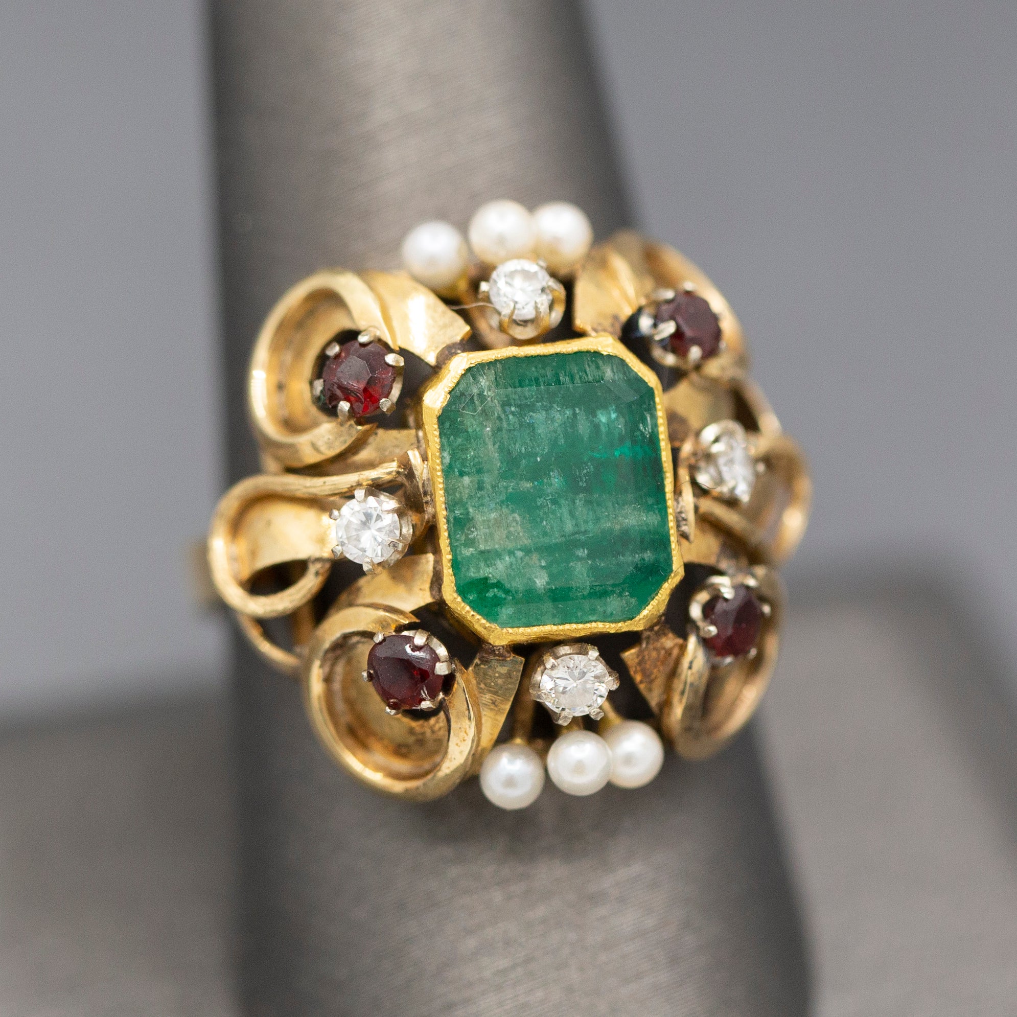 Renaissance Revival Emerald Garnet Diamond and Pearl Statement RIng in 14k Yellow Gold