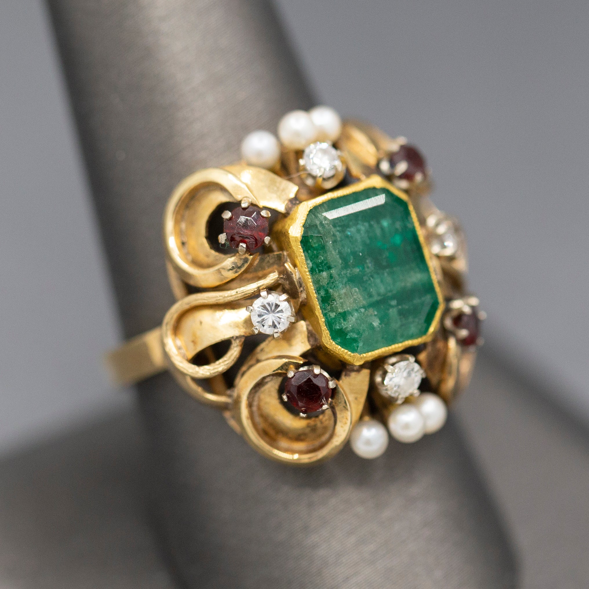 Renaissance Revival Emerald Garnet Diamond and Pearl Statement RIng in 14k Yellow Gold