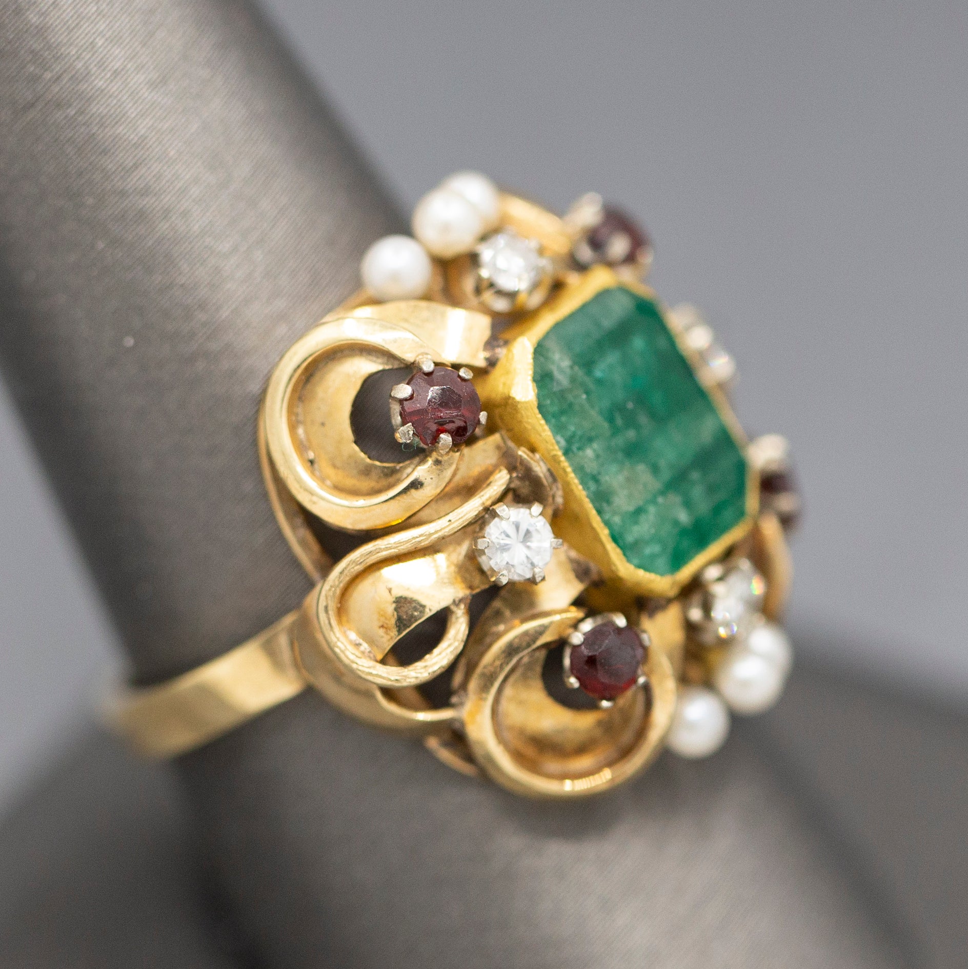 Renaissance Revival Emerald Garnet Diamond and Pearl Statement RIng in 14k Yellow Gold