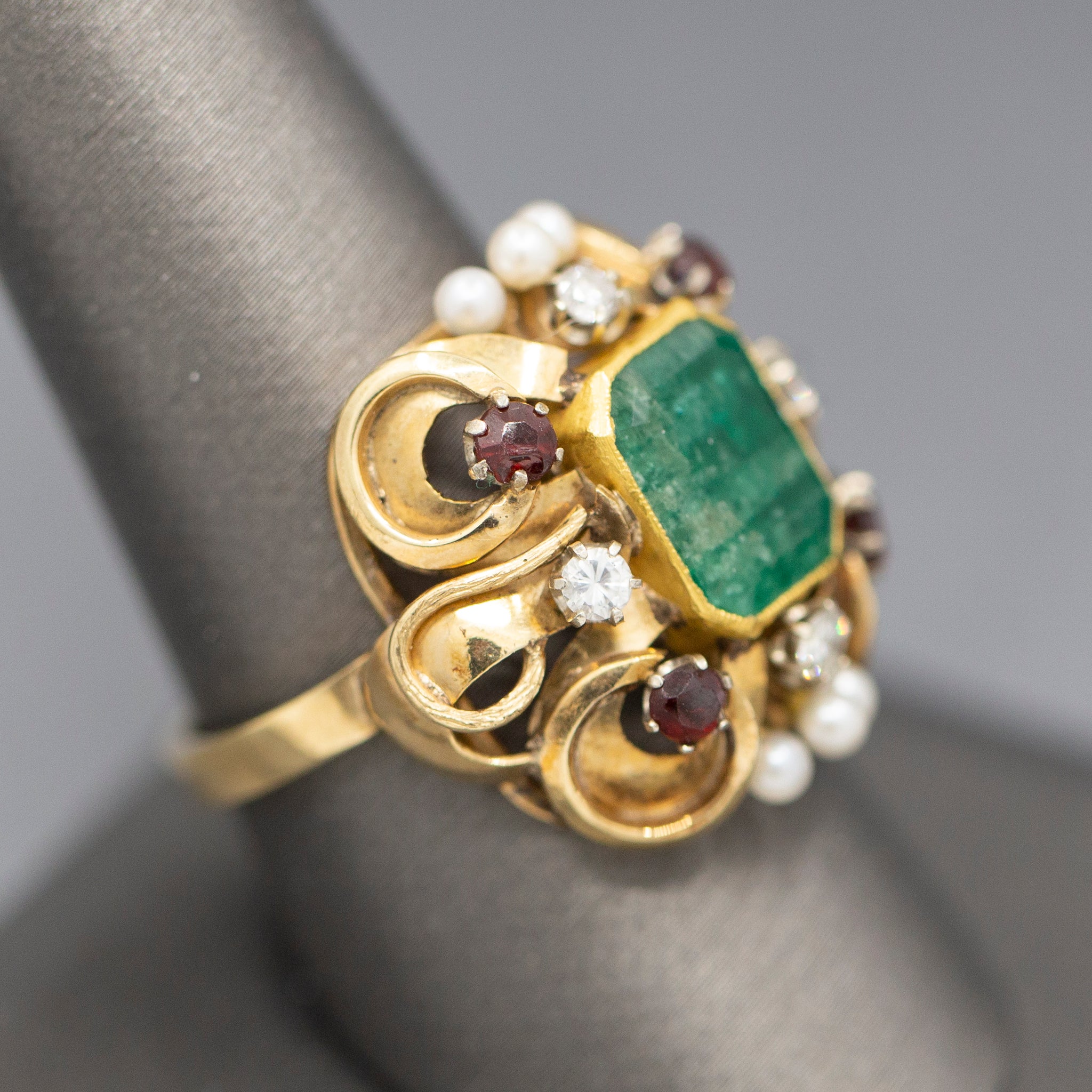 Renaissance Revival Emerald Garnet Diamond and Pearl Statement RIng in 14k Yellow Gold