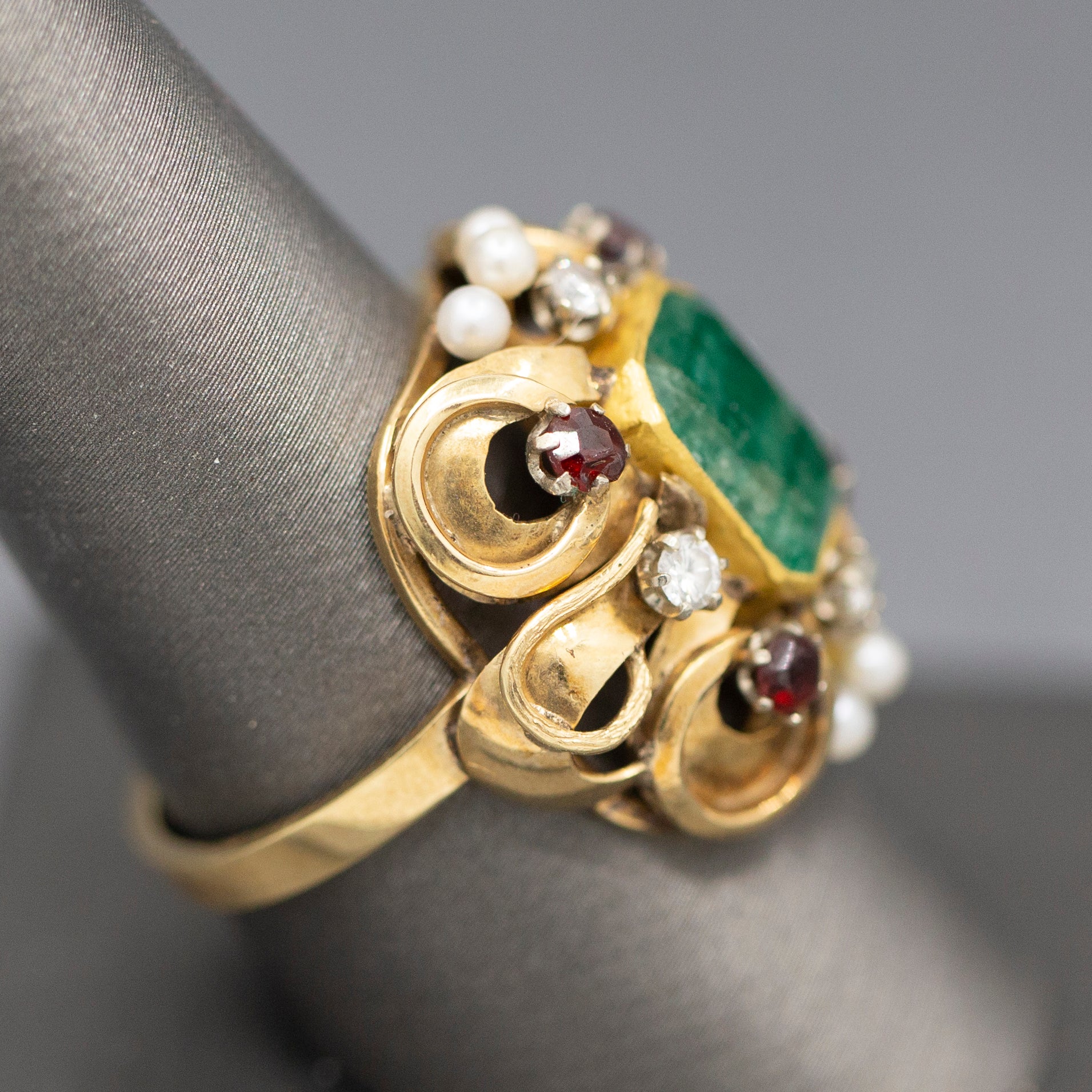 Renaissance Revival Emerald Garnet Diamond and Pearl Statement RIng in 14k Yellow Gold