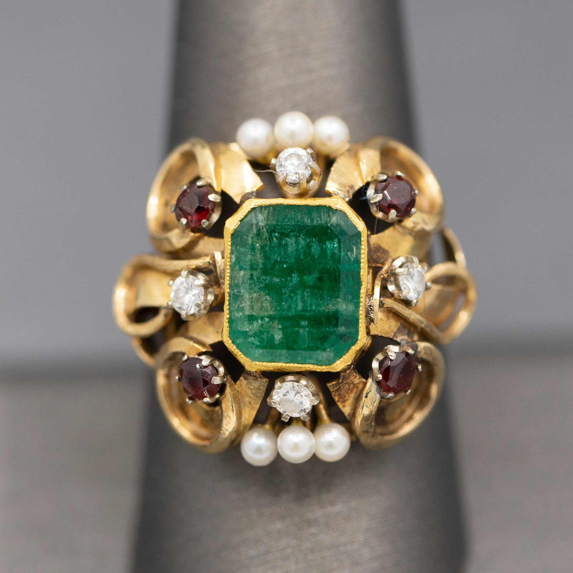 Renaissance Revival Emerald Garnet Diamond and Pearl Statement RIng in 14k Yellow Gold