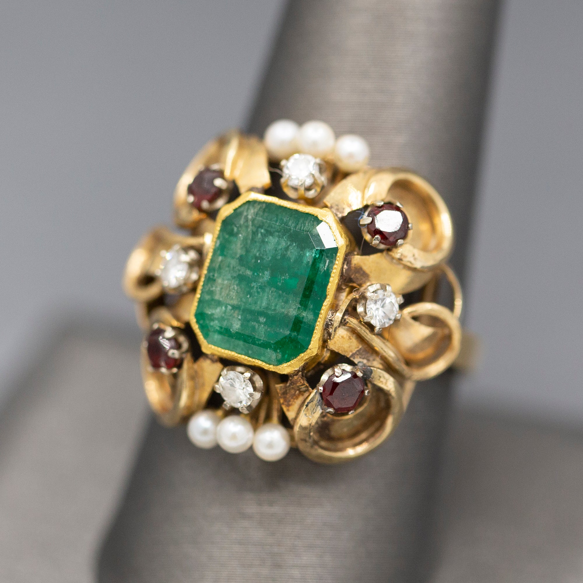 Renaissance Revival Emerald Garnet Diamond and Pearl Statement RIng in 14k Yellow Gold