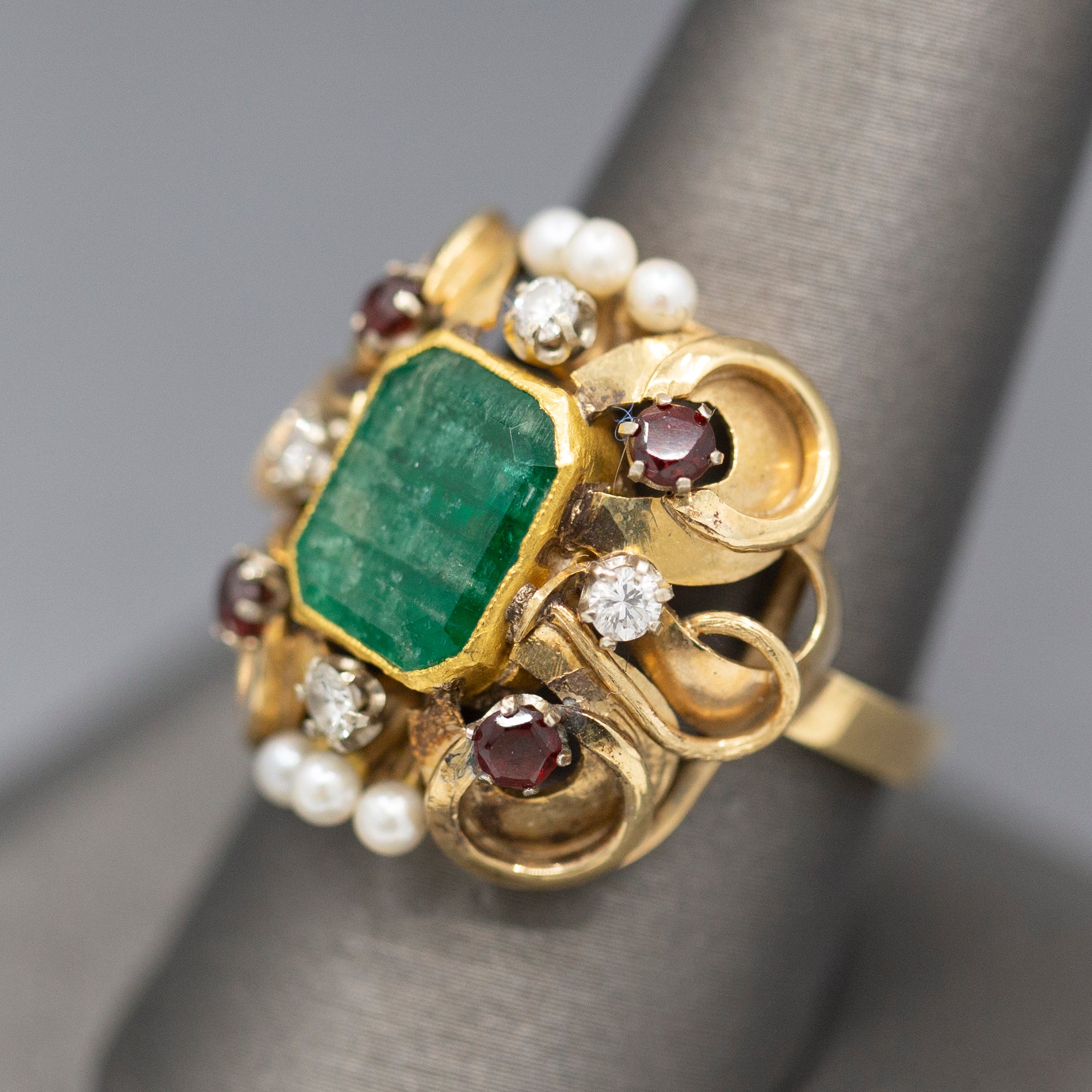 Renaissance Revival Emerald Garnet Diamond and Pearl Statement RIng in 14k Yellow Gold