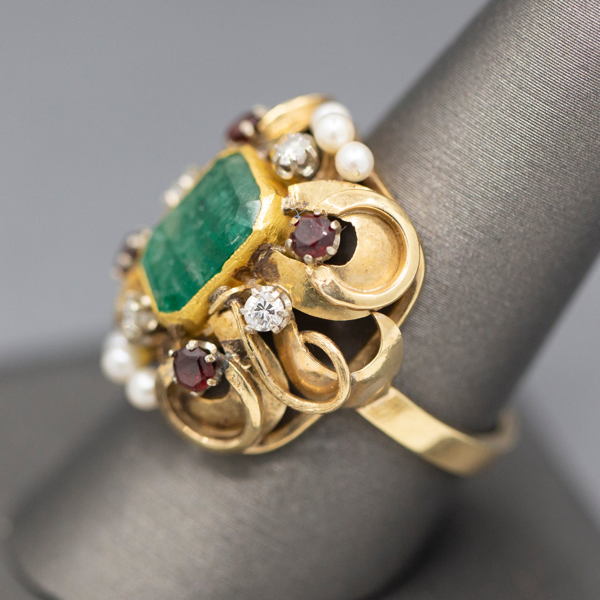 Renaissance Revival Emerald Garnet Diamond and Pearl Statement RIng in 14k Yellow Gold