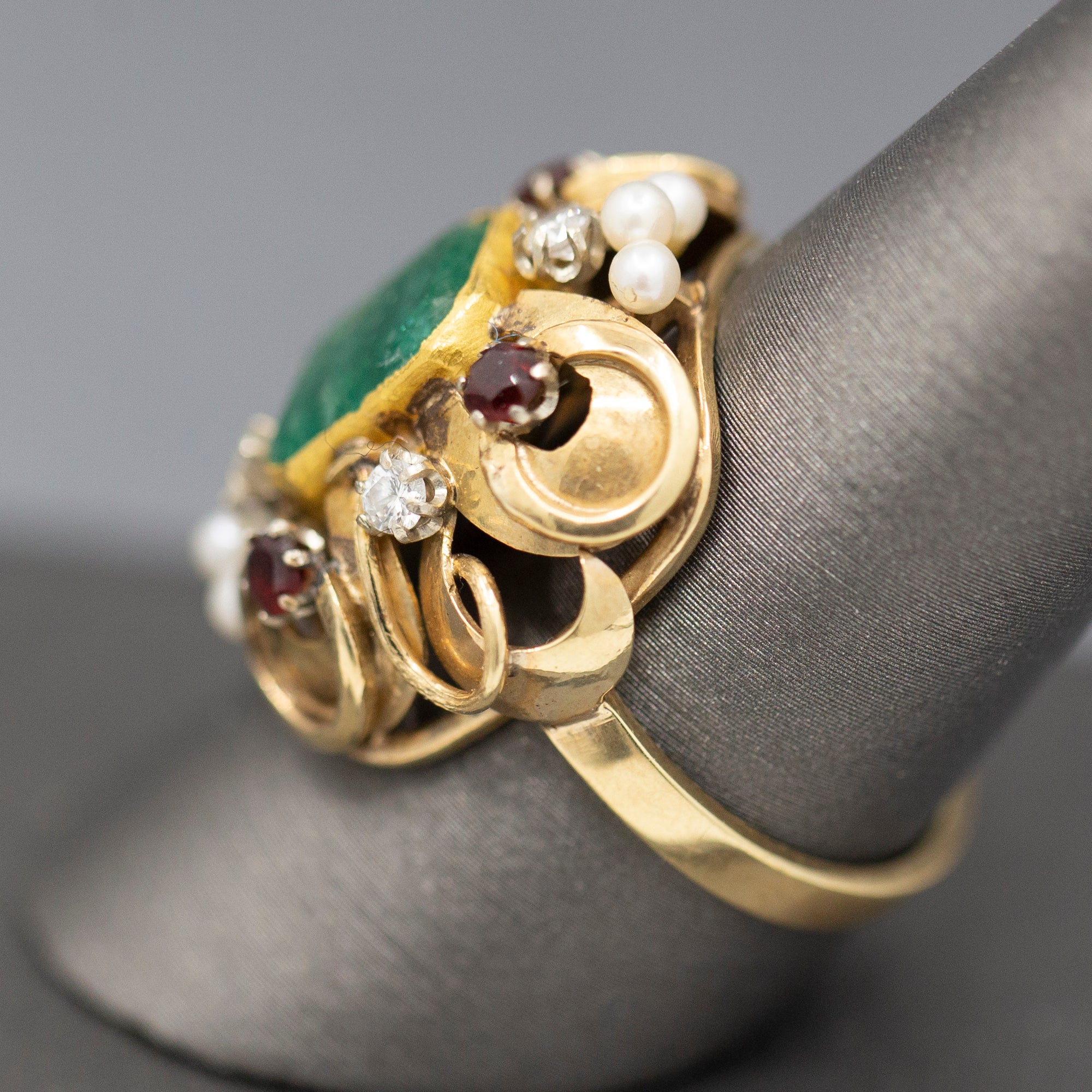 Renaissance Revival Emerald Garnet Diamond and Pearl Statement RIng in 14k Yellow Gold