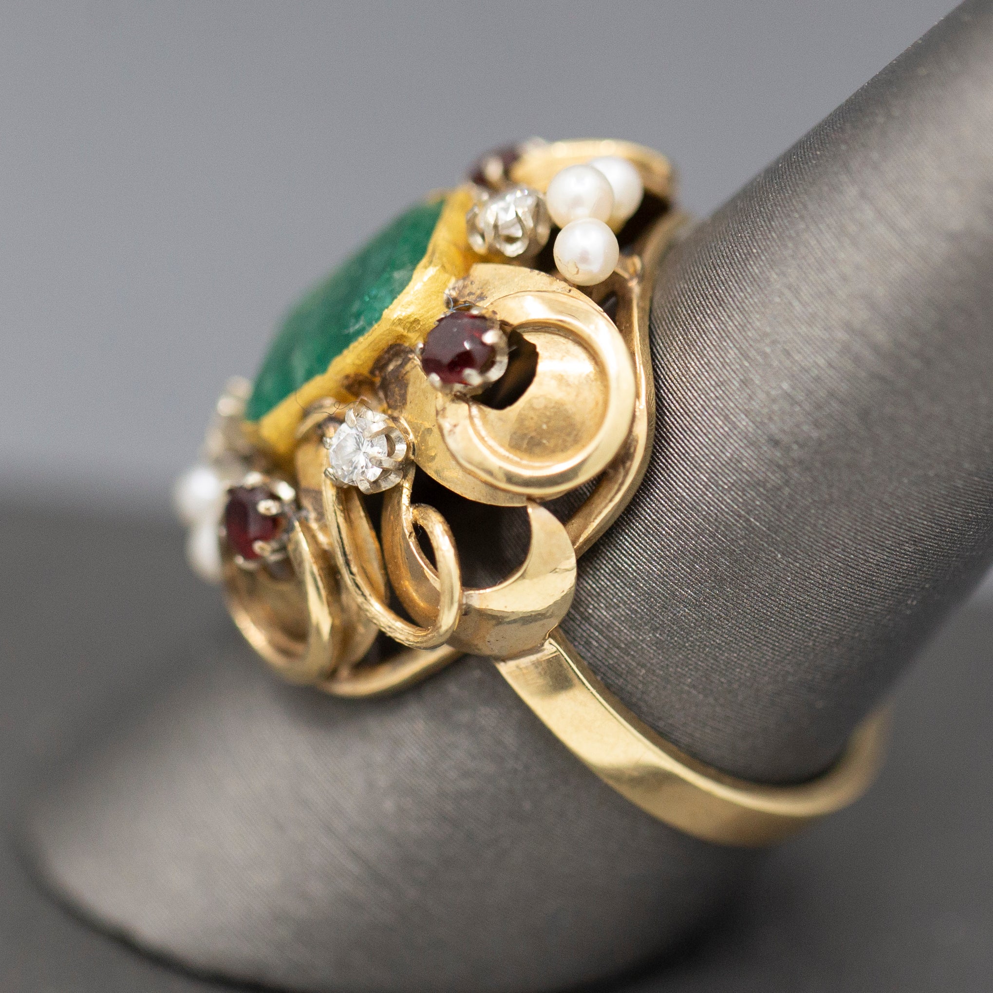 Renaissance Revival Emerald Garnet Diamond and Pearl Statement RIng in 14k Yellow Gold