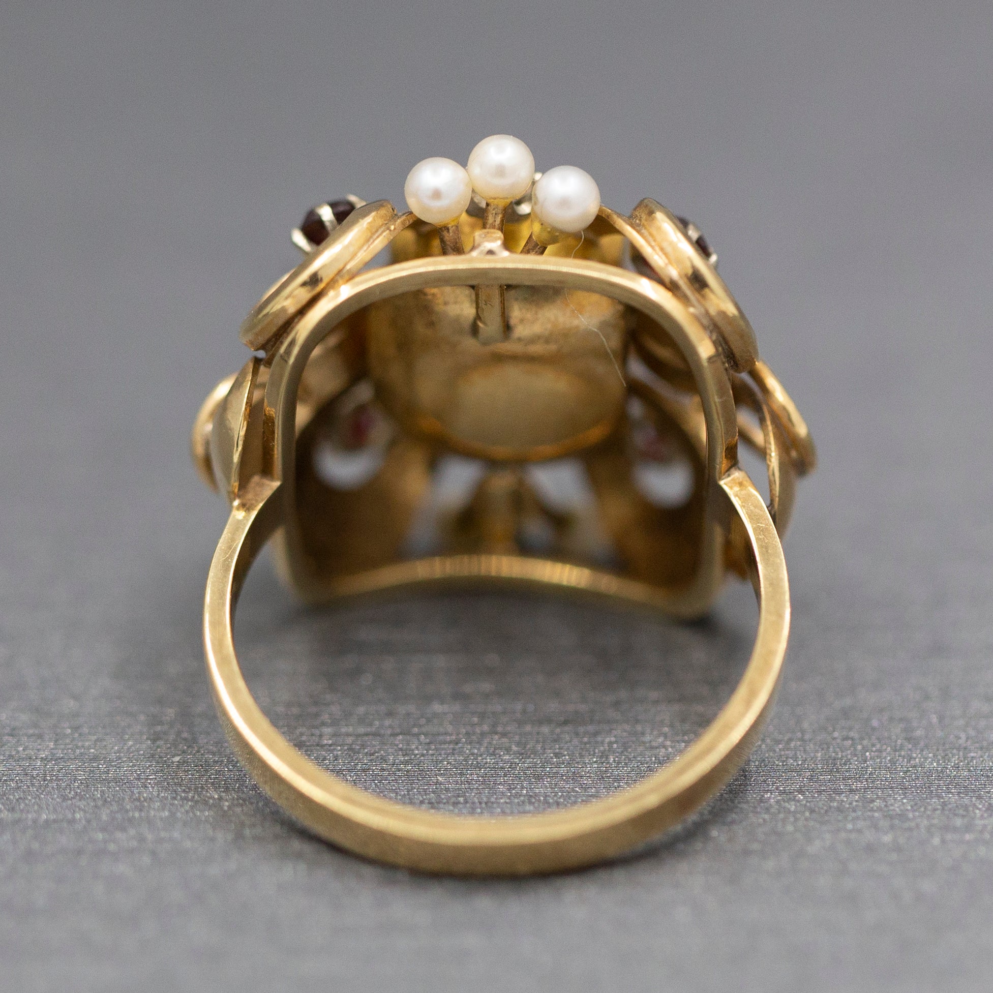 Renaissance Revival Emerald Garnet Diamond and Pearl Statement RIng in 14k Yellow Gold