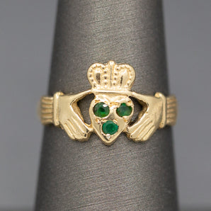 Vintage Three Stone Emerald Claddagh Irish Engagement Wedding Ring in 14k Yellow Gold