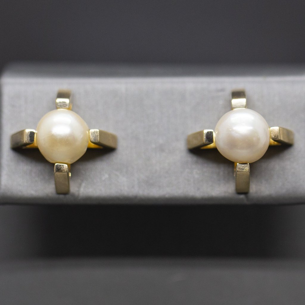 Upcycled Bold Geometric Akoya Pearl Stud Earrings in 14k Yellow Gold