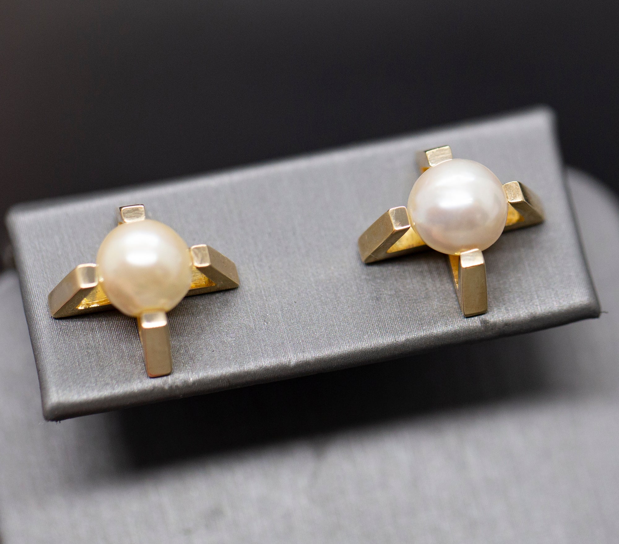 Upcycled Bold Geometric Akoya Pearl Stud Earrings in 14k Yellow Gold