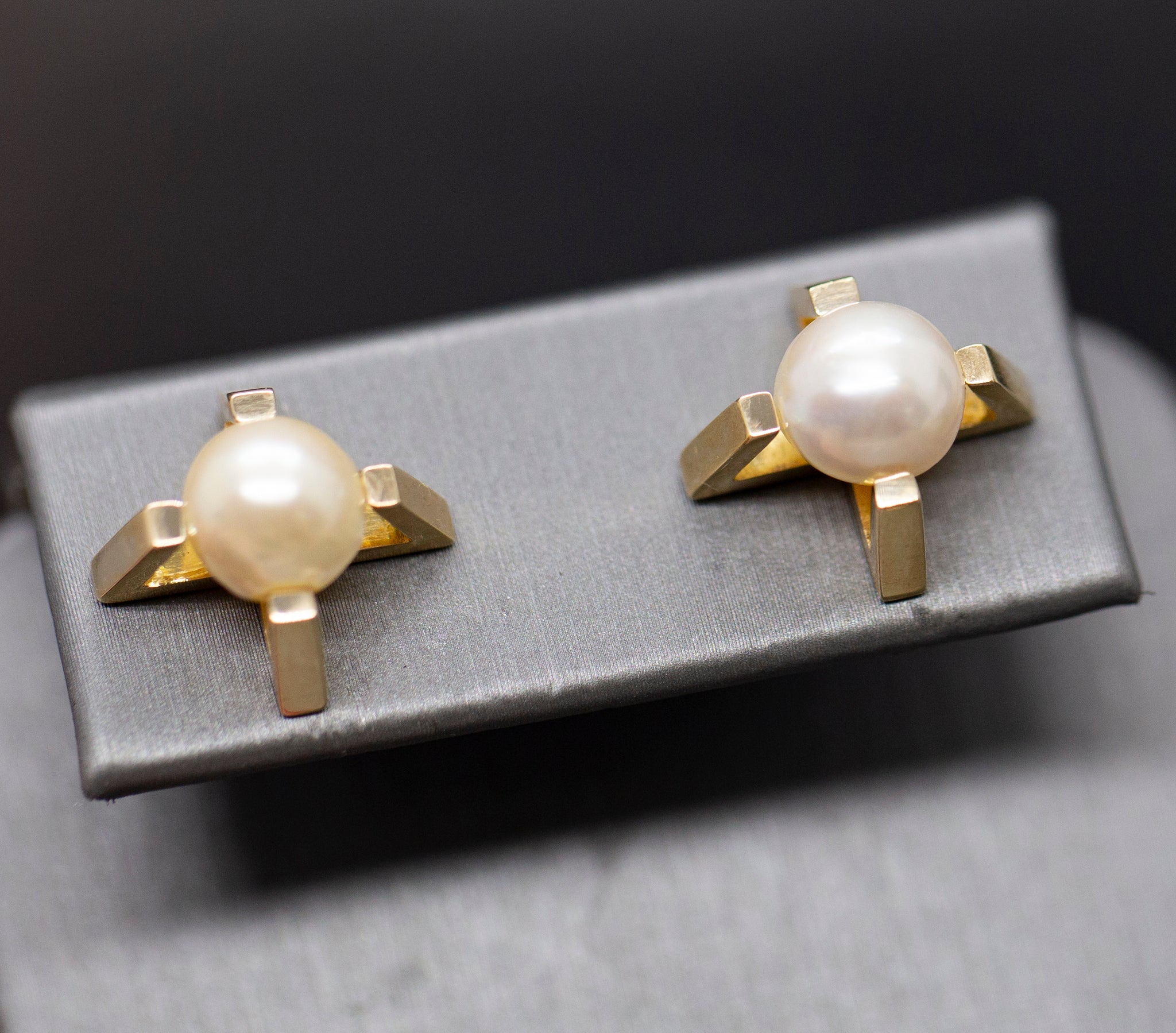 Upcycled Bold Geometric Akoya Pearl Stud Earrings in 14k Yellow Gold