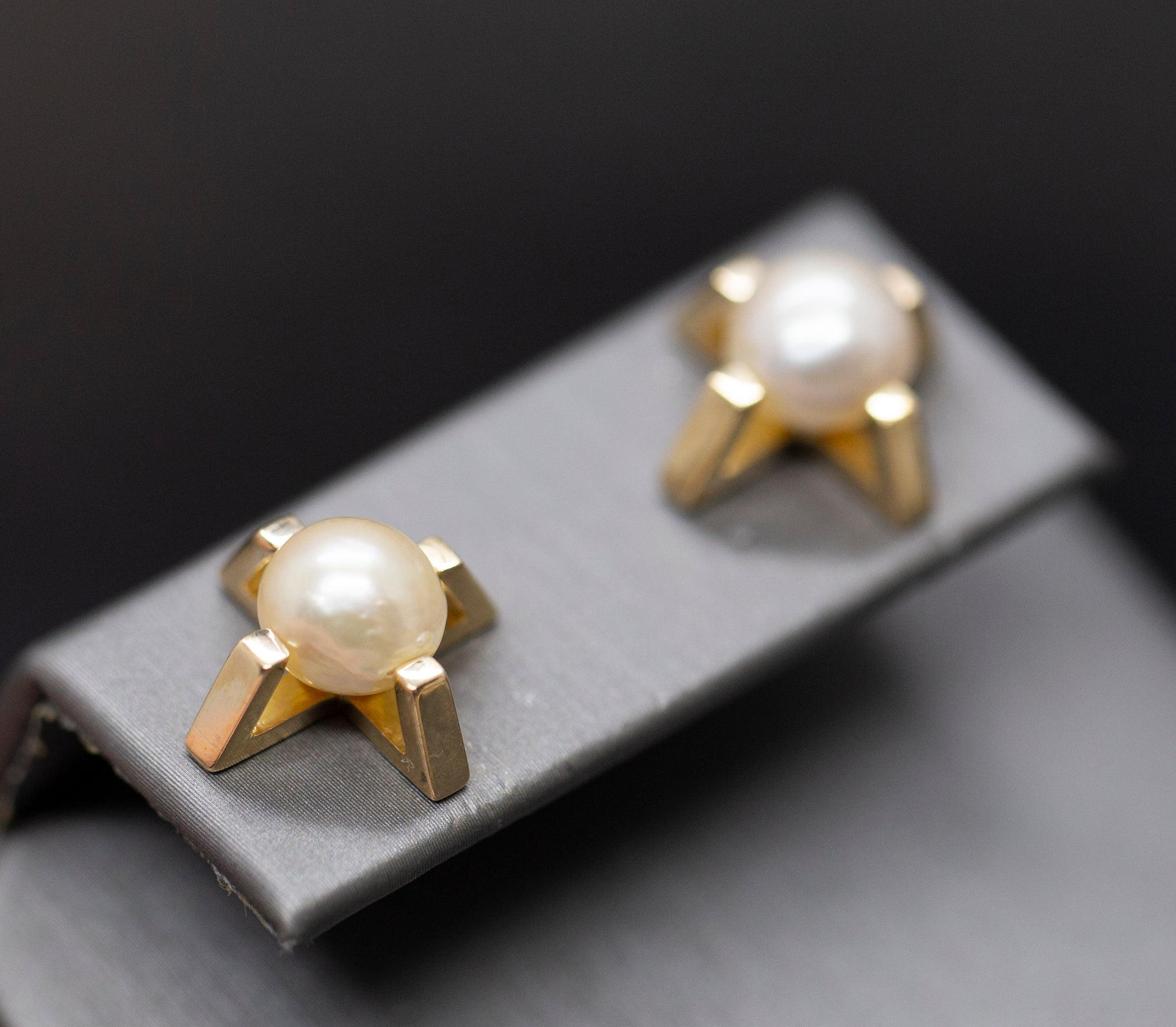 Upcycled Bold Geometric Akoya Pearl Stud Earrings in 14k Yellow Gold