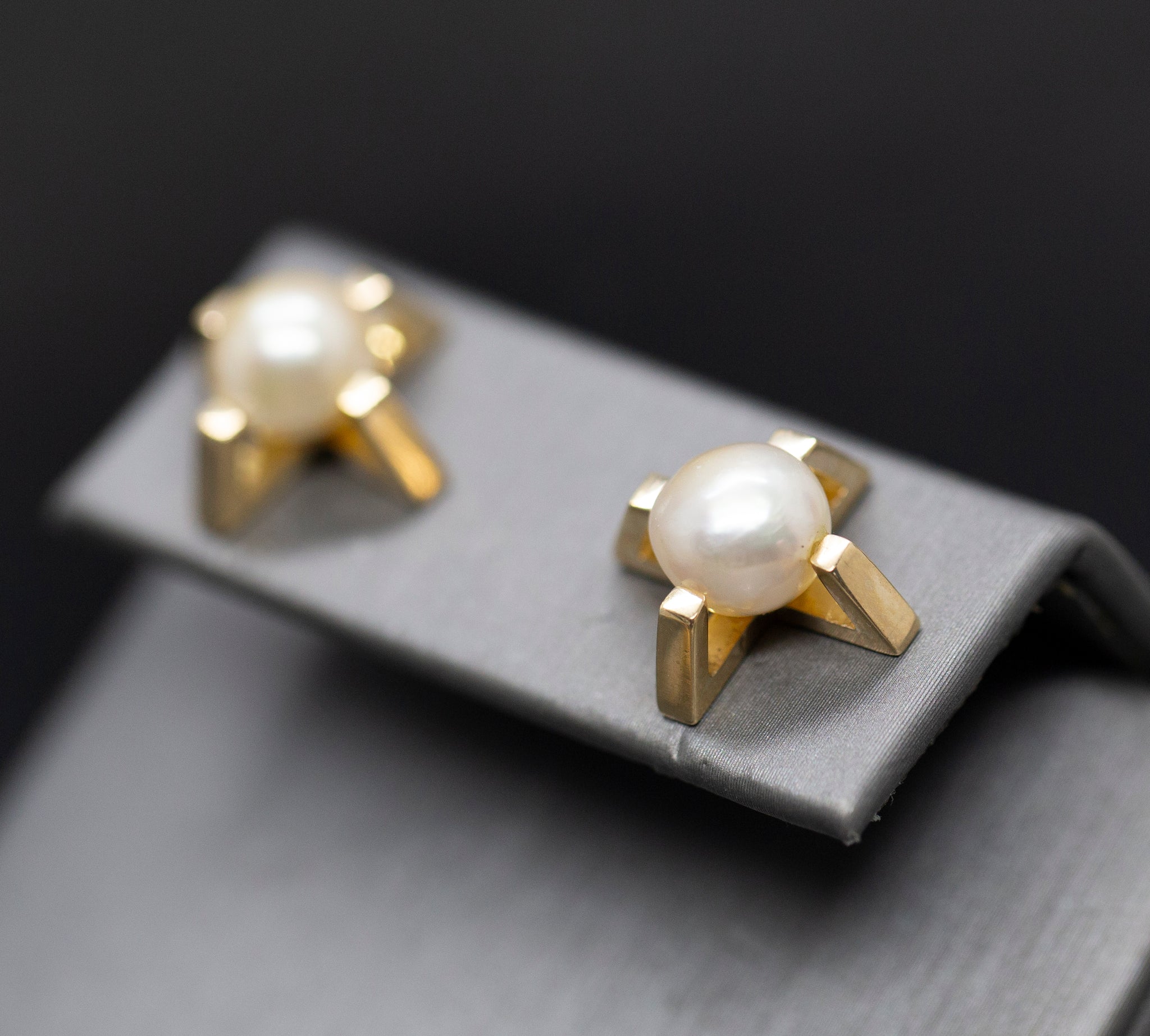 Upcycled Bold Geometric Akoya Pearl Stud Earrings in 14k Yellow Gold