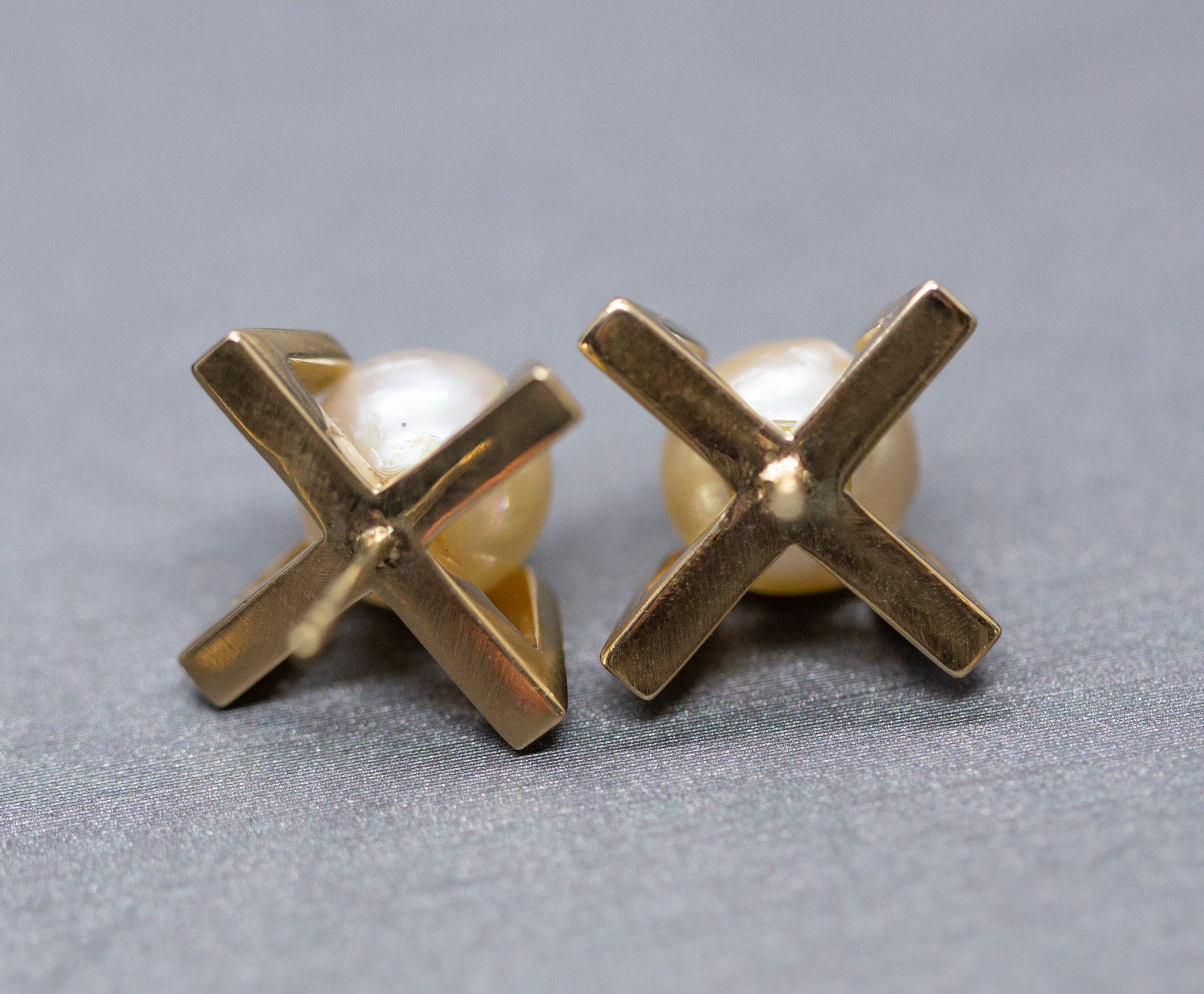 Upcycled Bold Geometric Akoya Pearl Stud Earrings in 14k Yellow Gold