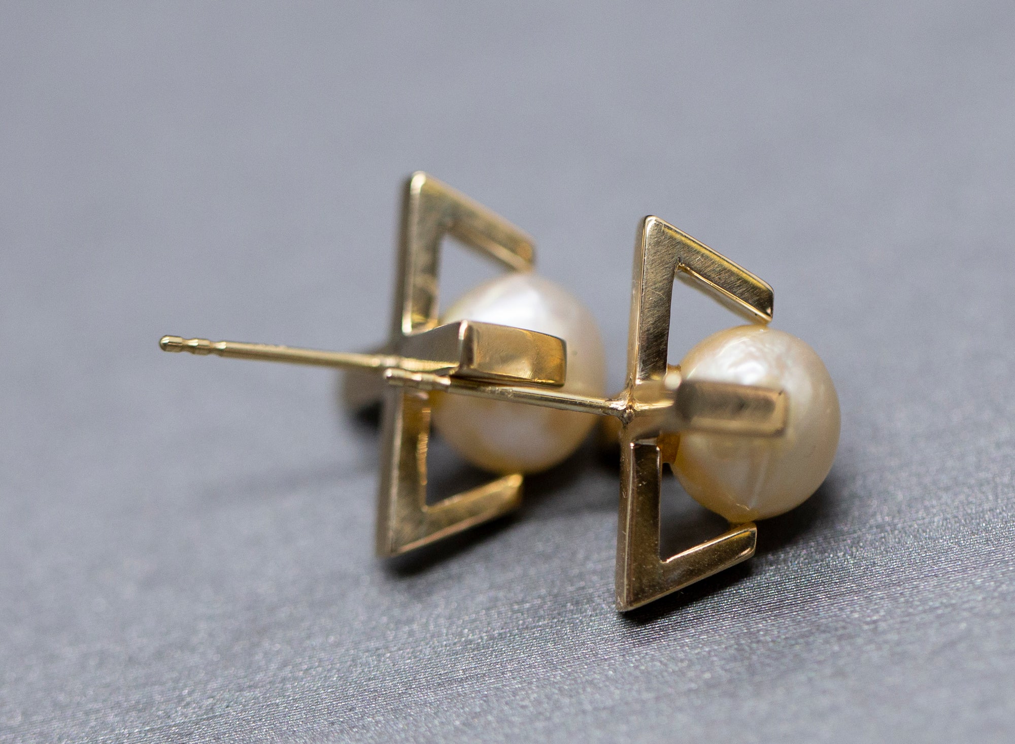 Upcycled Bold Geometric Akoya Pearl Stud Earrings in 14k Yellow Gold