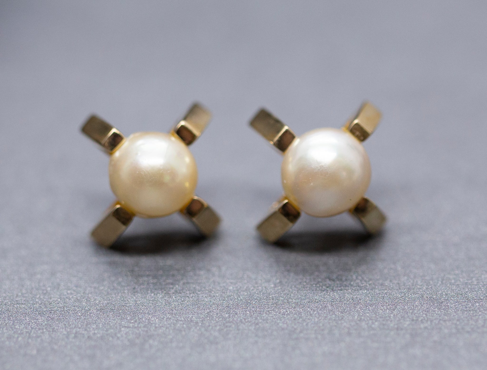 Upcycled Bold Geometric Akoya Pearl Stud Earrings in 14k Yellow Gold