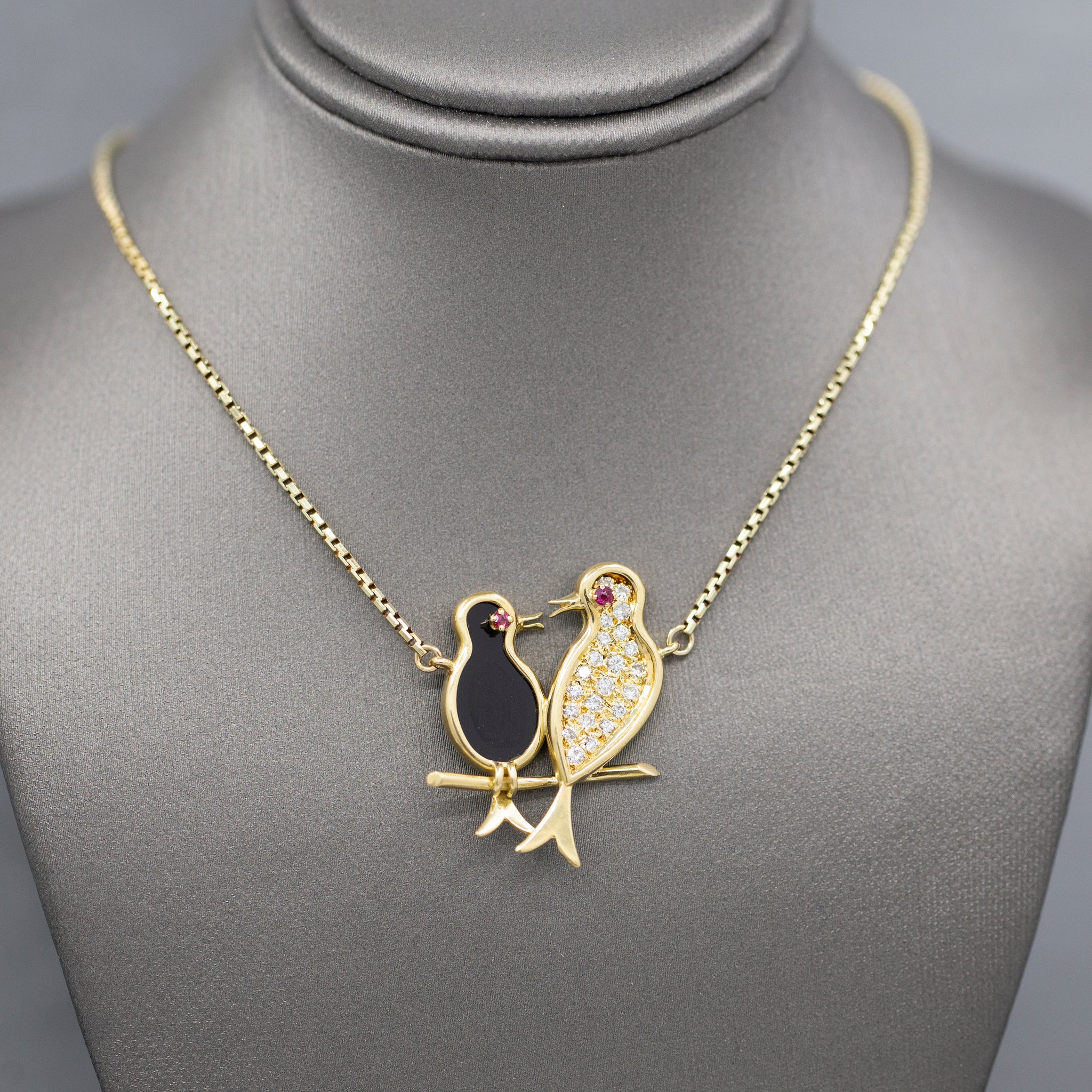 Lovebirds in Diamonds and Onyx with Ruby Eyes Pendant Necklace in 14k Yellow Gold